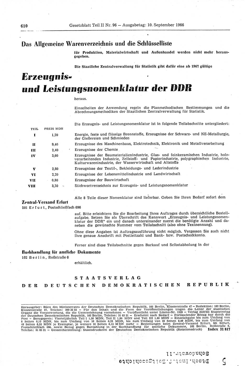 Gesetzblatt (GBl.) der Deutschen Demokratischen Republik (DDR) Teil ⅠⅠ 1966, Seite 610 (GBl. DDR ⅠⅠ 1966, S. 610)