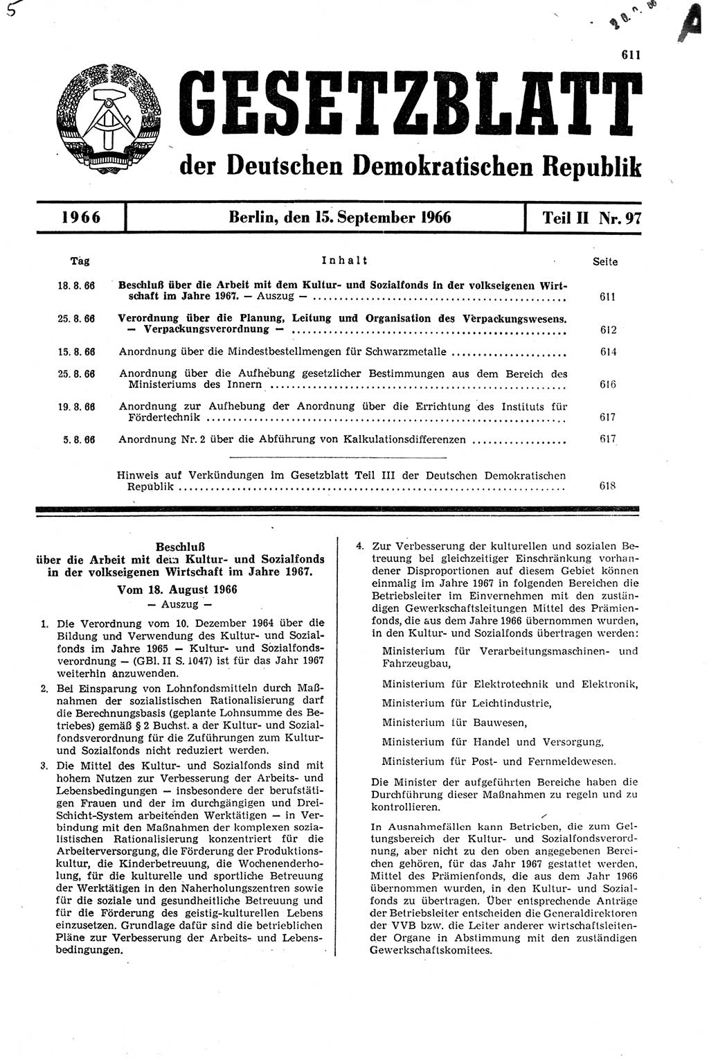 Gesetzblatt (GBl.) der Deutschen Demokratischen Republik (DDR) Teil ⅠⅠ 1966, Seite 611 (GBl. DDR ⅠⅠ 1966, S. 611)