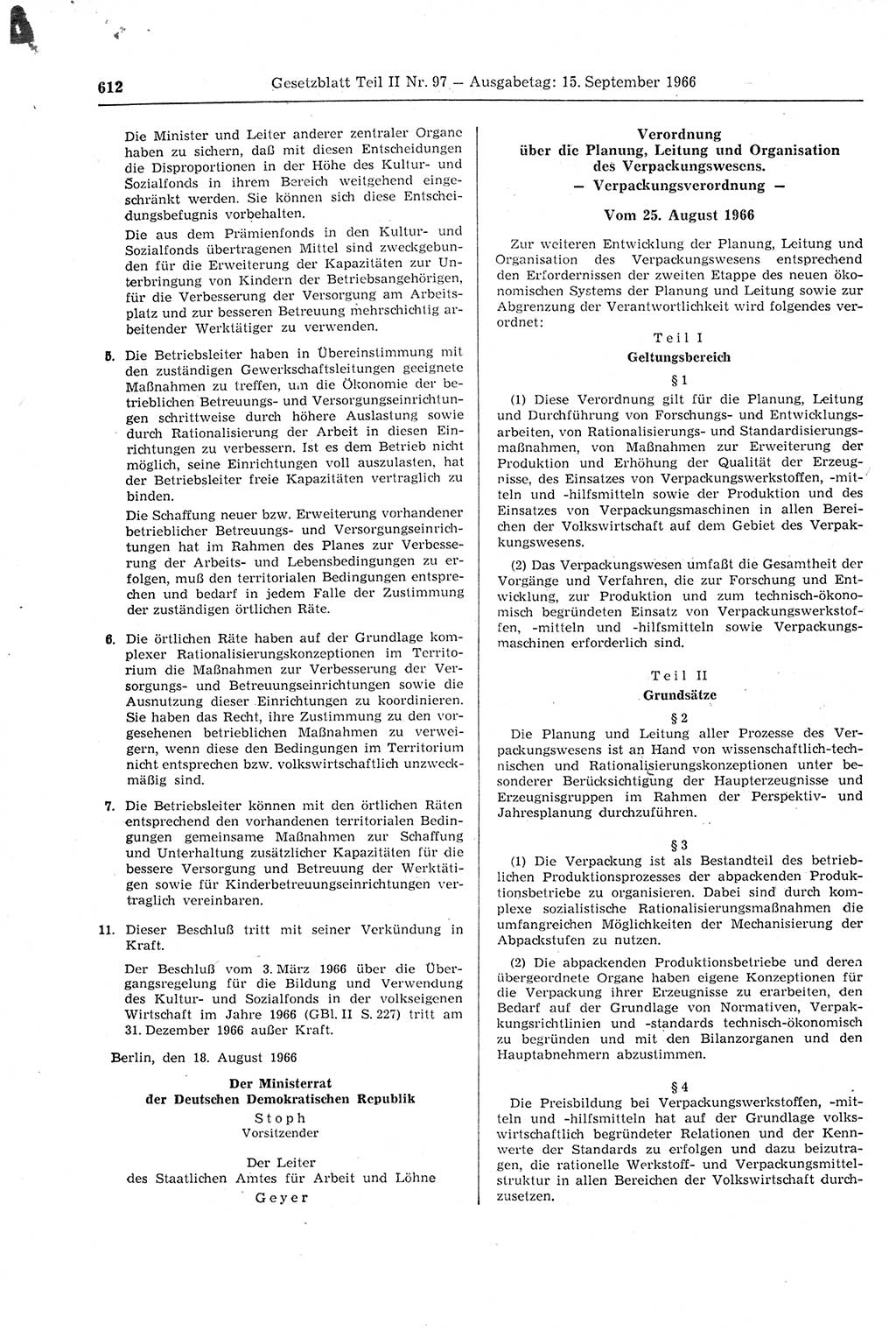 Gesetzblatt (GBl.) der Deutschen Demokratischen Republik (DDR) Teil ⅠⅠ 1966, Seite 612 (GBl. DDR ⅠⅠ 1966, S. 612)