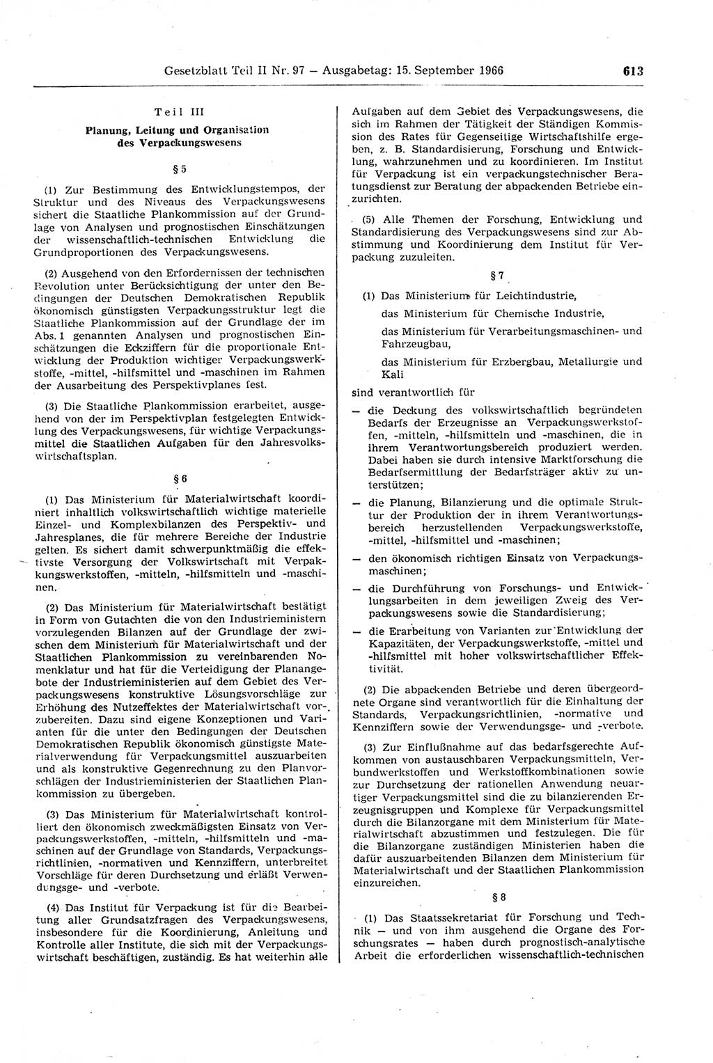 Gesetzblatt (GBl.) der Deutschen Demokratischen Republik (DDR) Teil ⅠⅠ 1966, Seite 613 (GBl. DDR ⅠⅠ 1966, S. 613)