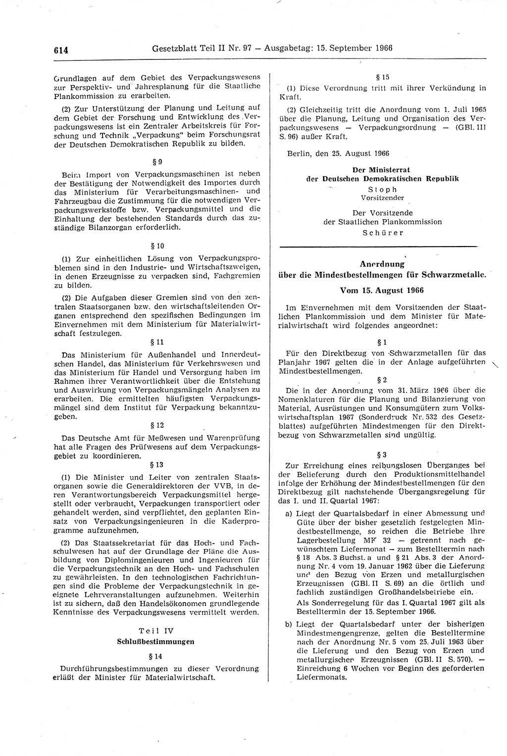 Gesetzblatt (GBl.) der Deutschen Demokratischen Republik (DDR) Teil ⅠⅠ 1966, Seite 614 (GBl. DDR ⅠⅠ 1966, S. 614)