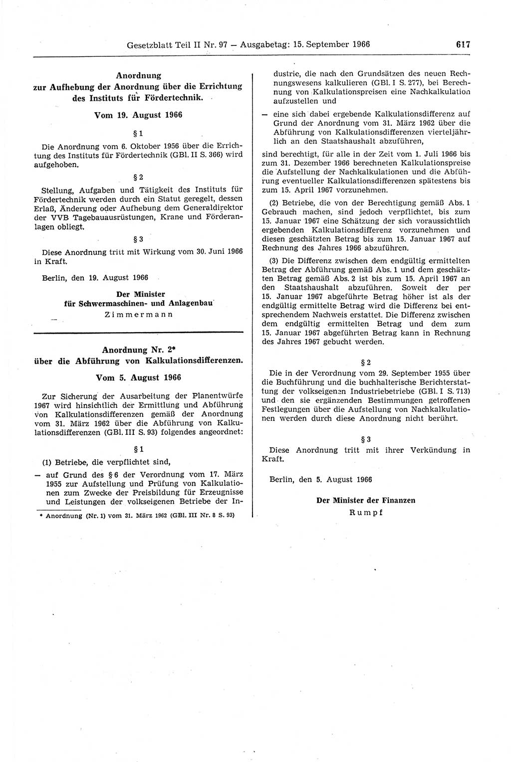 Gesetzblatt (GBl.) der Deutschen Demokratischen Republik (DDR) Teil ⅠⅠ 1966, Seite 617 (GBl. DDR ⅠⅠ 1966, S. 617)