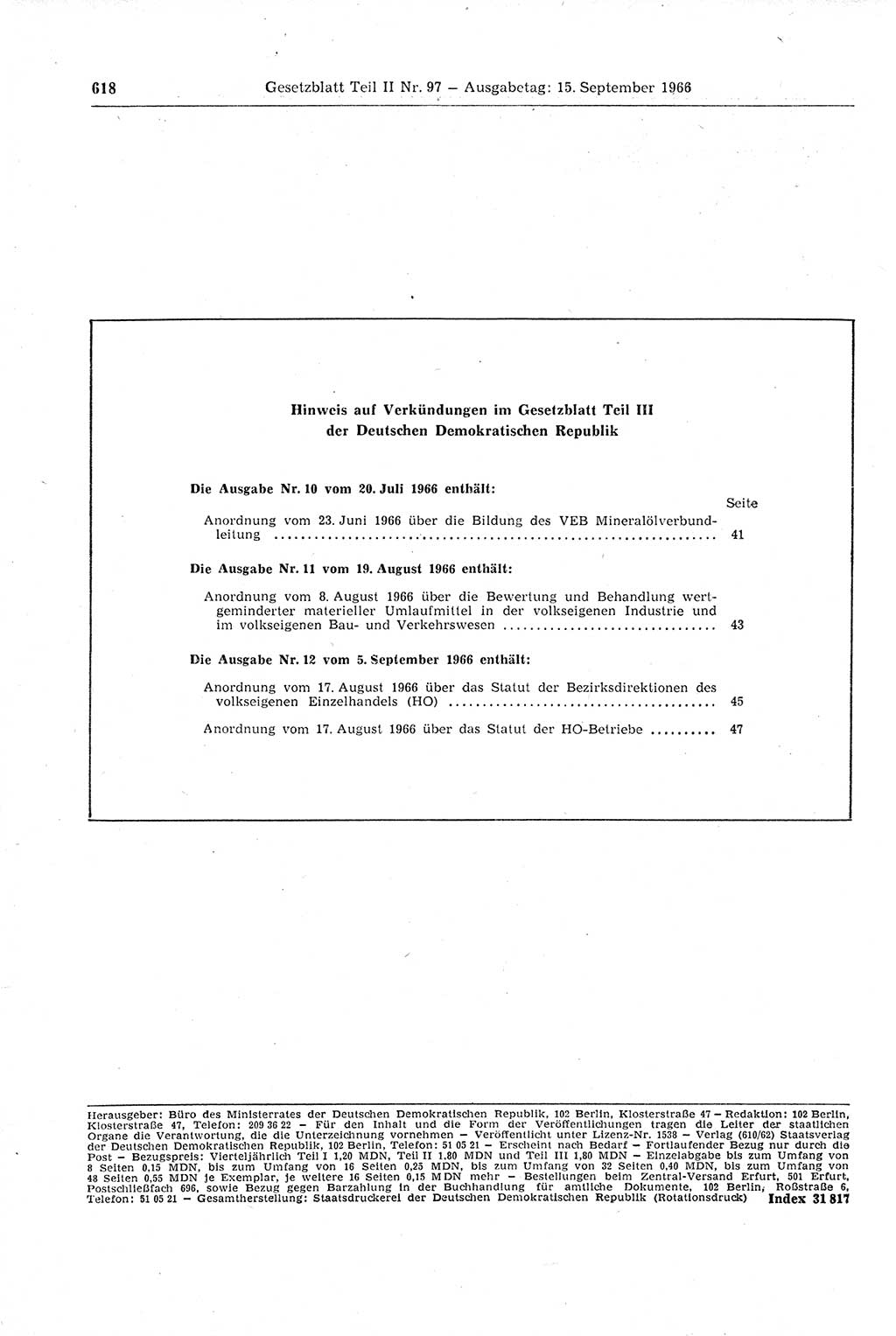 Gesetzblatt (GBl.) der Deutschen Demokratischen Republik (DDR) Teil ⅠⅠ 1966, Seite 618 (GBl. DDR ⅠⅠ 1966, S. 618)