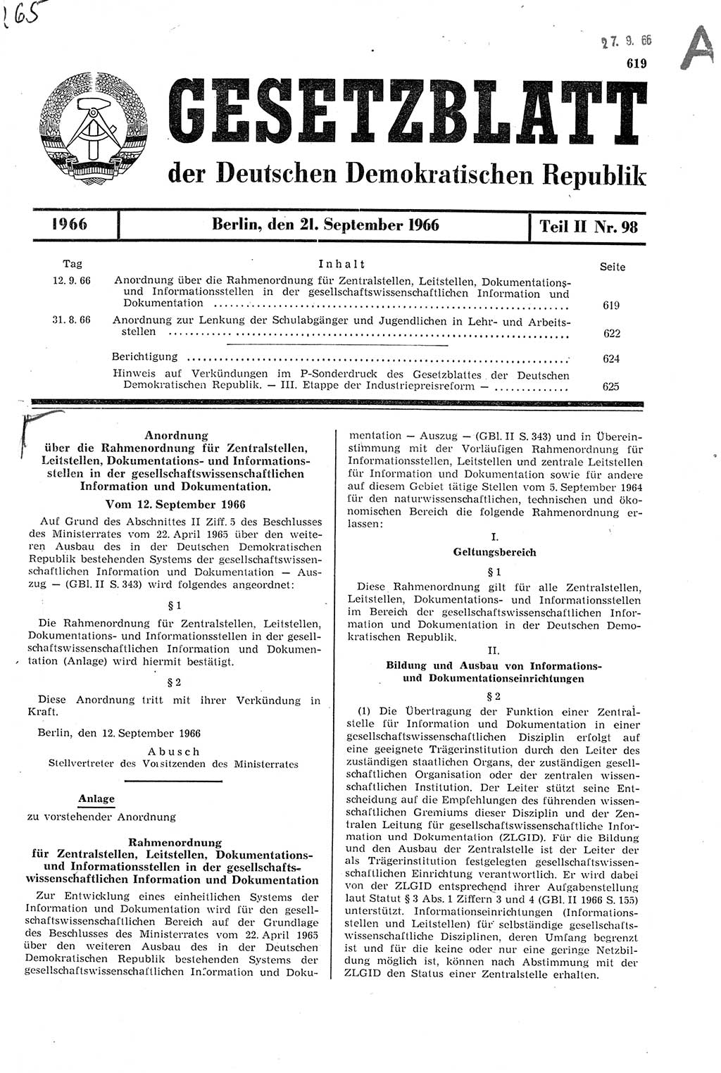 Gesetzblatt (GBl.) der Deutschen Demokratischen Republik (DDR) Teil ⅠⅠ 1966, Seite 619 (GBl. DDR ⅠⅠ 1966, S. 619)