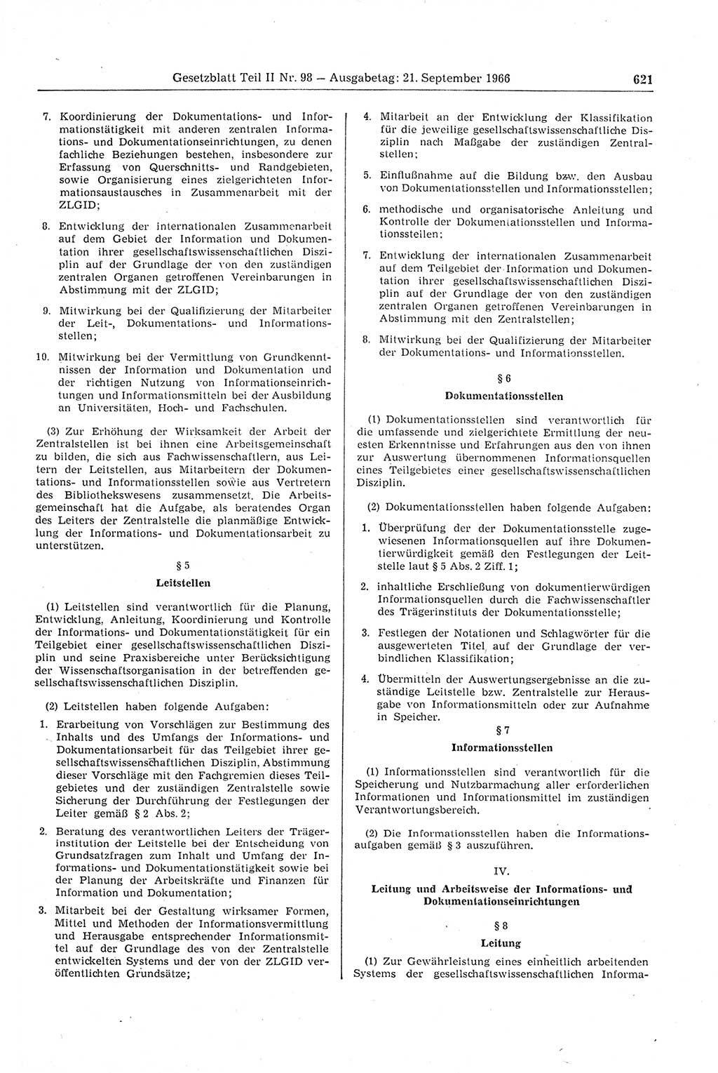 Gesetzblatt (GBl.) der Deutschen Demokratischen Republik (DDR) Teil ⅠⅠ 1966, Seite 621 (GBl. DDR ⅠⅠ 1966, S. 621)
