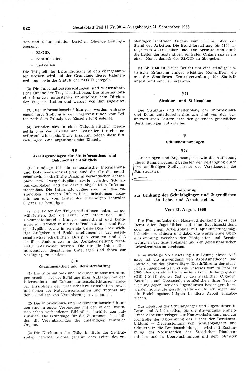 Gesetzblatt (GBl.) der Deutschen Demokratischen Republik (DDR) Teil ⅠⅠ 1966, Seite 622 (GBl. DDR ⅠⅠ 1966, S. 622)