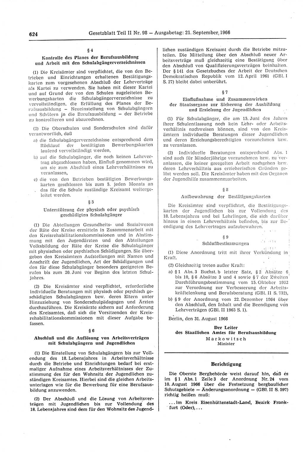 Gesetzblatt (GBl.) der Deutschen Demokratischen Republik (DDR) Teil ⅠⅠ 1966, Seite 624 (GBl. DDR ⅠⅠ 1966, S. 624)