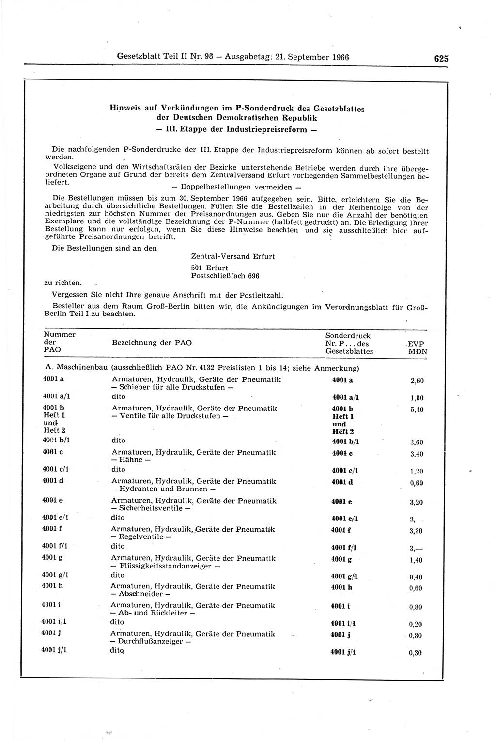Gesetzblatt (GBl.) der Deutschen Demokratischen Republik (DDR) Teil ⅠⅠ 1966, Seite 625 (GBl. DDR ⅠⅠ 1966, S. 625)