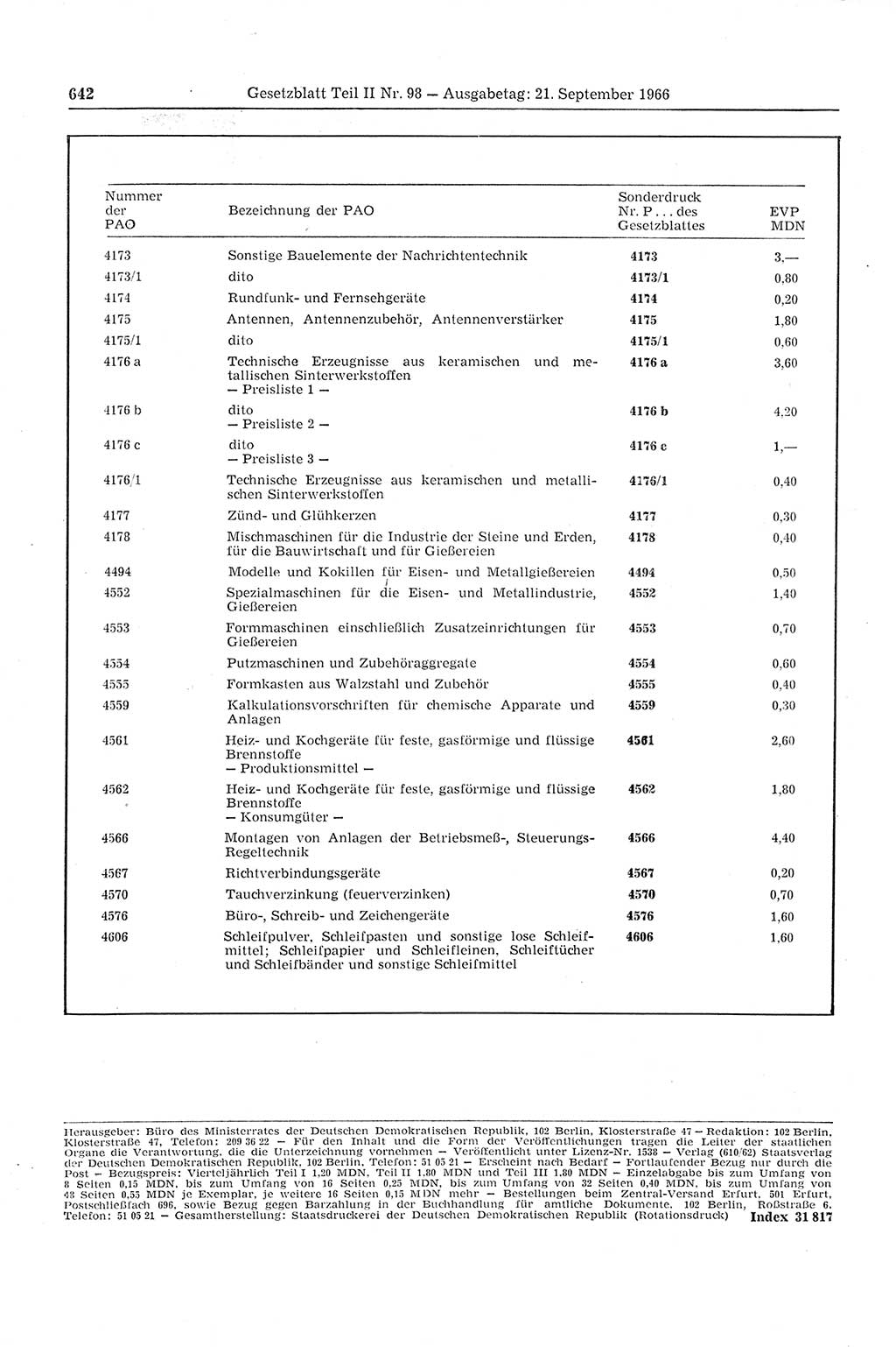 Gesetzblatt (GBl.) der Deutschen Demokratischen Republik (DDR) Teil ⅠⅠ 1966, Seite 642 (GBl. DDR ⅠⅠ 1966, S. 642)