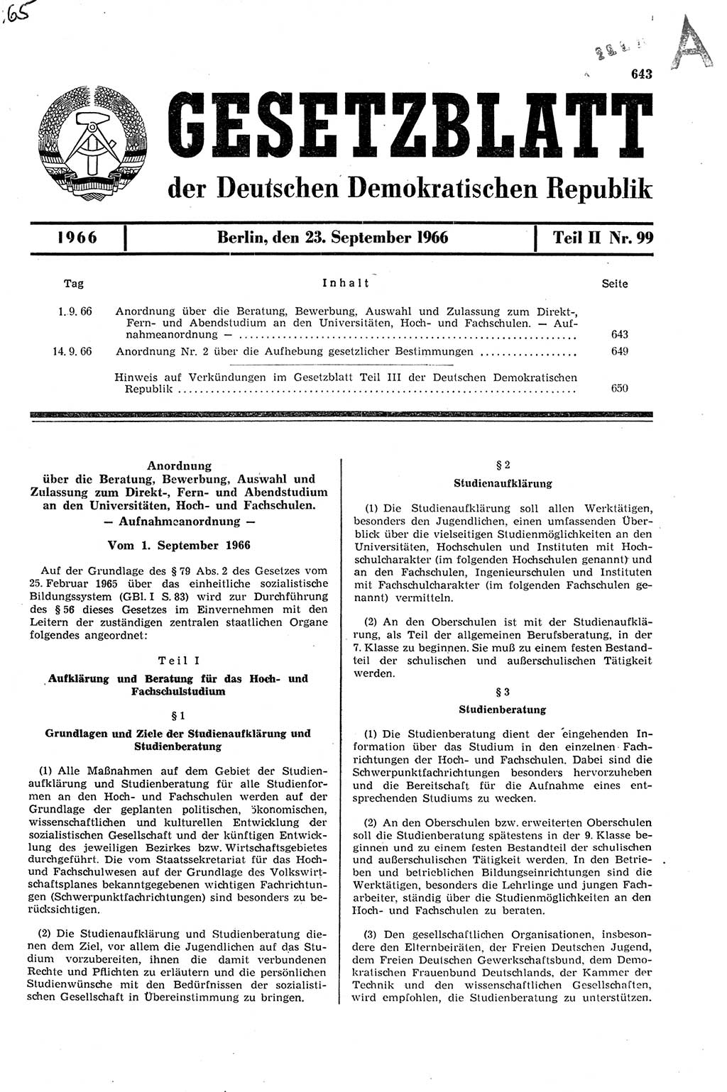 Gesetzblatt (GBl.) der Deutschen Demokratischen Republik (DDR) Teil ⅠⅠ 1966, Seite 643 (GBl. DDR ⅠⅠ 1966, S. 643)