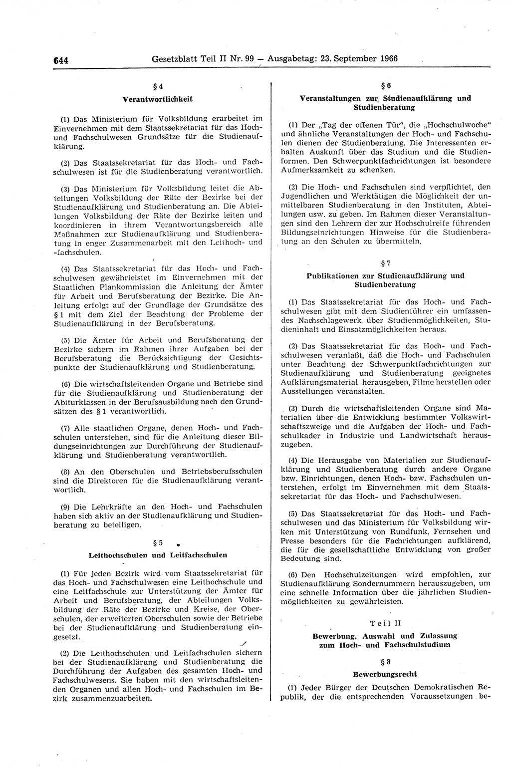 Gesetzblatt (GBl.) der Deutschen Demokratischen Republik (DDR) Teil ⅠⅠ 1966, Seite 644 (GBl. DDR ⅠⅠ 1966, S. 644)