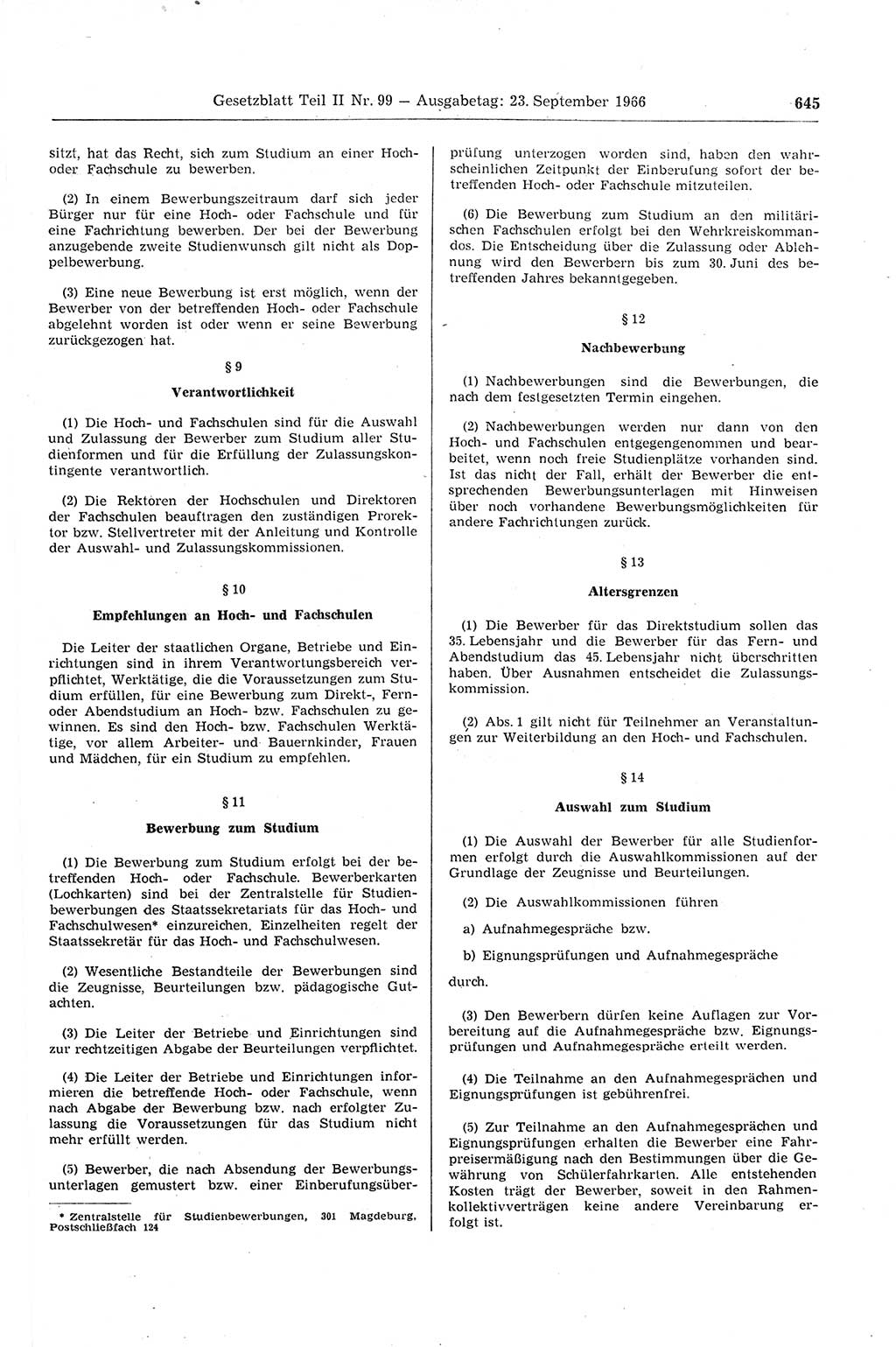 Gesetzblatt (GBl.) der Deutschen Demokratischen Republik (DDR) Teil ⅠⅠ 1966, Seite 645 (GBl. DDR ⅠⅠ 1966, S. 645)