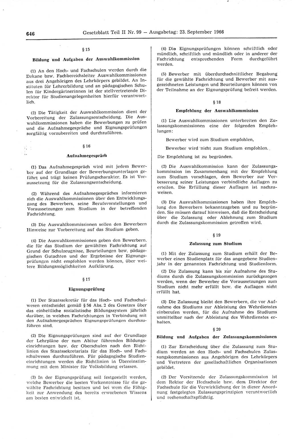 Gesetzblatt (GBl.) der Deutschen Demokratischen Republik (DDR) Teil ⅠⅠ 1966, Seite 646 (GBl. DDR ⅠⅠ 1966, S. 646)