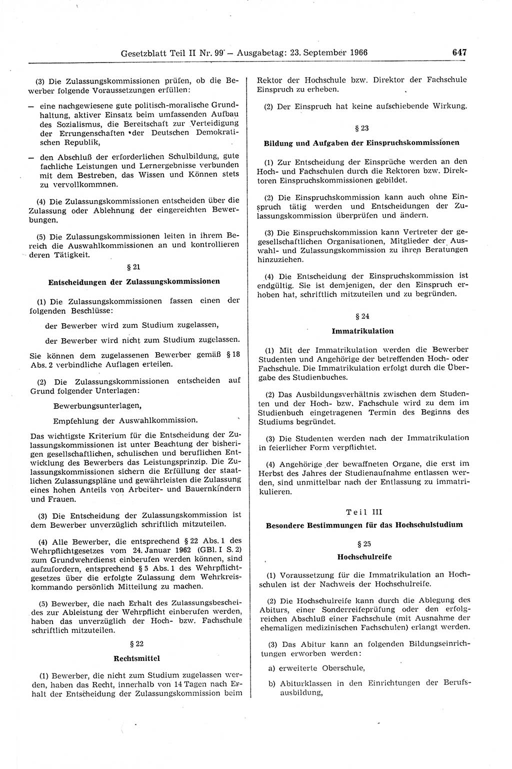 Gesetzblatt (GBl.) der Deutschen Demokratischen Republik (DDR) Teil ⅠⅠ 1966, Seite 647 (GBl. DDR ⅠⅠ 1966, S. 647)