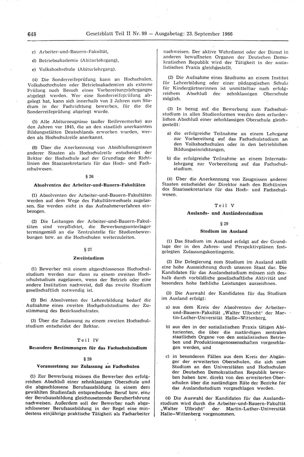 Gesetzblatt (GBl.) der Deutschen Demokratischen Republik (DDR) Teil ⅠⅠ 1966, Seite 648 (GBl. DDR ⅠⅠ 1966, S. 648)