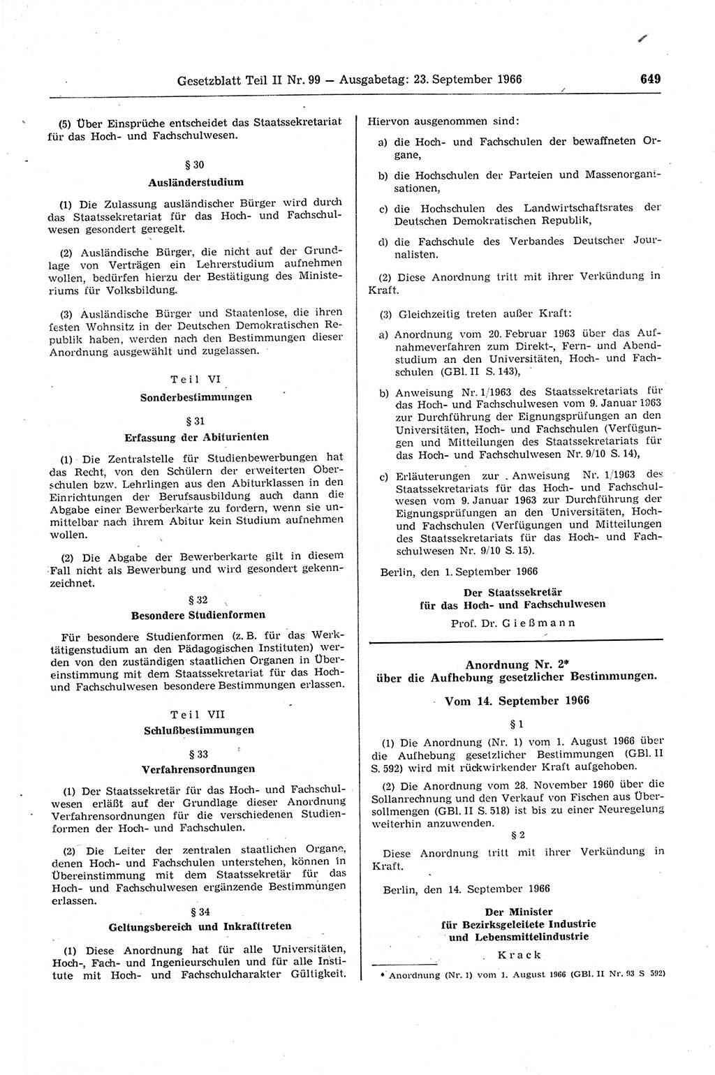 Gesetzblatt (GBl.) der Deutschen Demokratischen Republik (DDR) Teil ⅠⅠ 1966, Seite 649 (GBl. DDR ⅠⅠ 1966, S. 649)