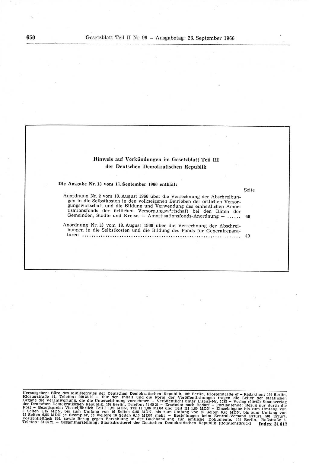 Gesetzblatt (GBl.) der Deutschen Demokratischen Republik (DDR) Teil ⅠⅠ 1966, Seite 650 (GBl. DDR ⅠⅠ 1966, S. 650)