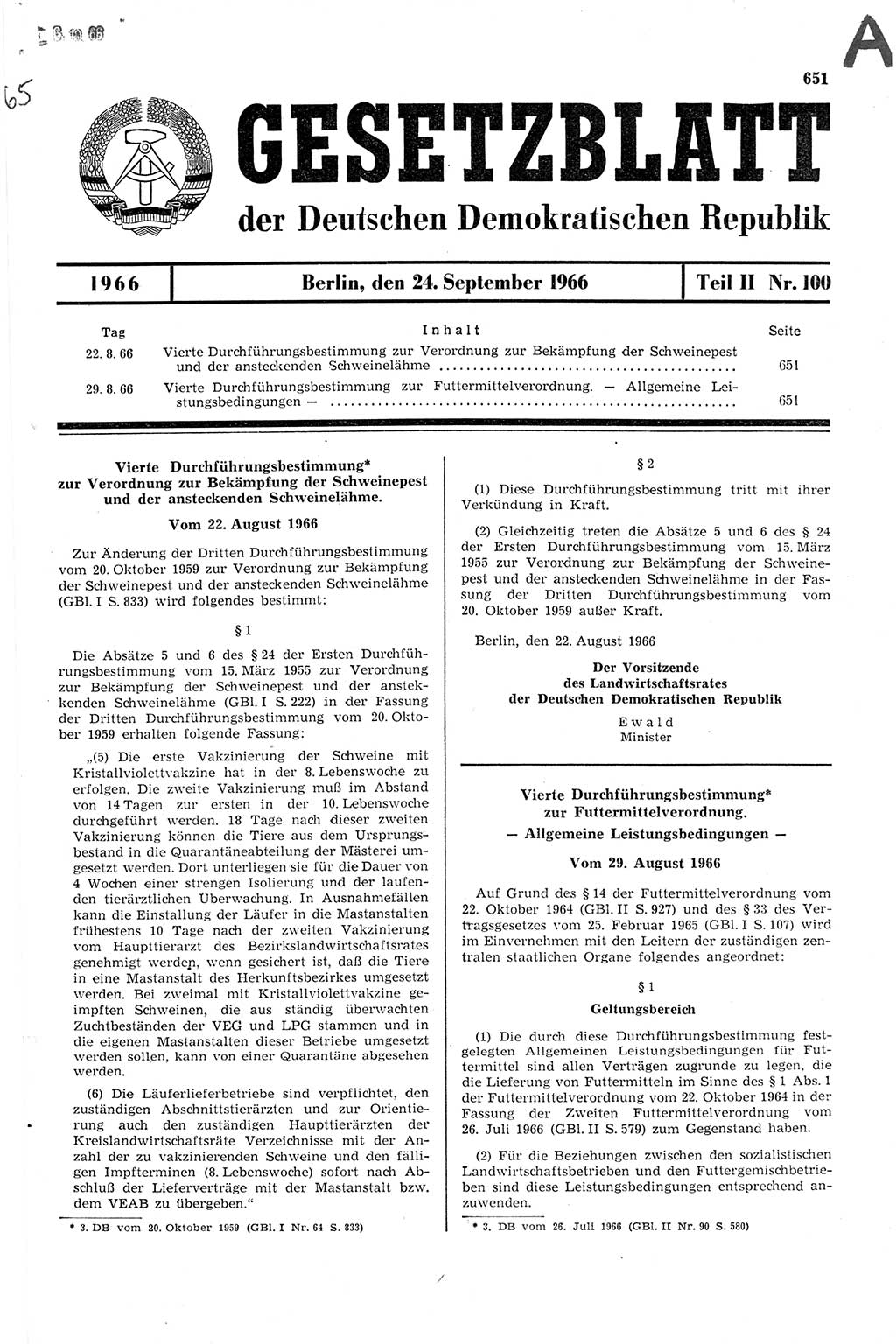 Gesetzblatt (GBl.) der Deutschen Demokratischen Republik (DDR) Teil ⅠⅠ 1966, Seite 651 (GBl. DDR ⅠⅠ 1966, S. 651)