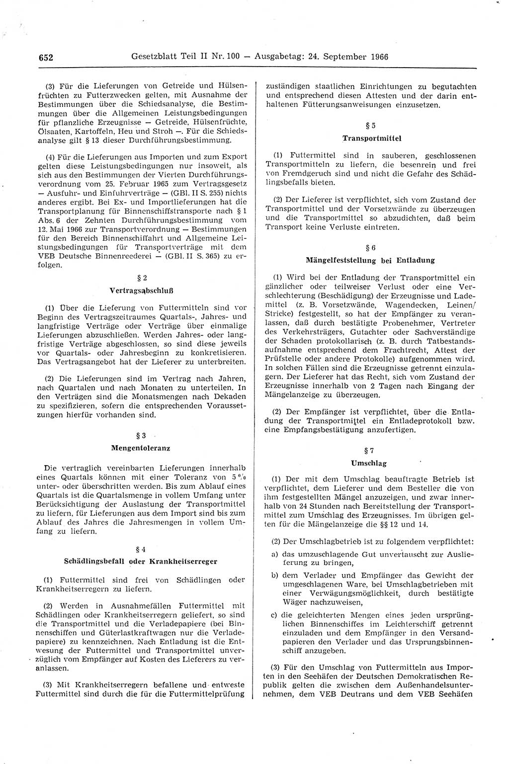 Gesetzblatt (GBl.) der Deutschen Demokratischen Republik (DDR) Teil ⅠⅠ 1966, Seite 652 (GBl. DDR ⅠⅠ 1966, S. 652)