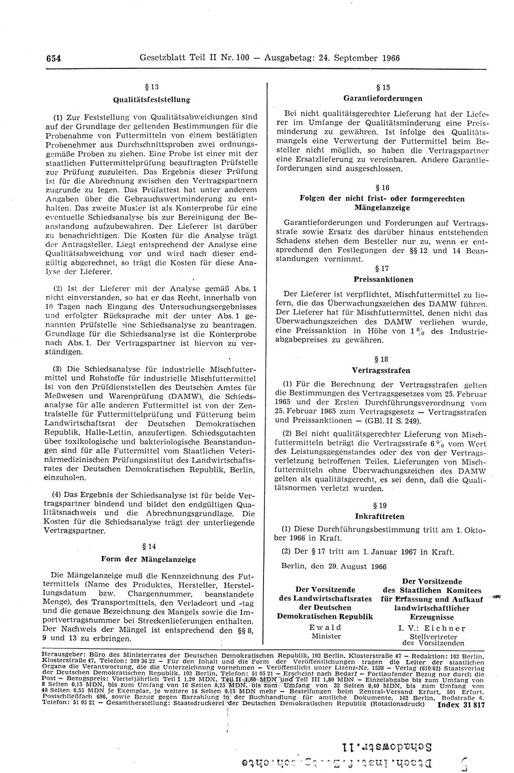 Gesetzblatt (GBl.) der Deutschen Demokratischen Republik (DDR) Teil ⅠⅠ 1966, Seite 654 (GBl. DDR ⅠⅠ 1966, S. 654)
