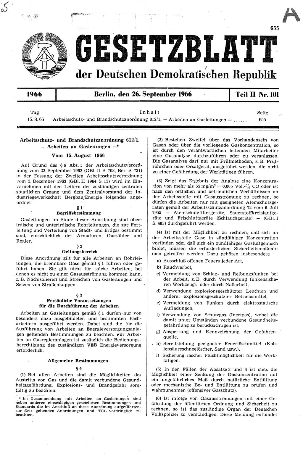 Gesetzblatt (GBl.) der Deutschen Demokratischen Republik (DDR) Teil ⅠⅠ 1966, Seite 655 (GBl. DDR ⅠⅠ 1966, S. 655)