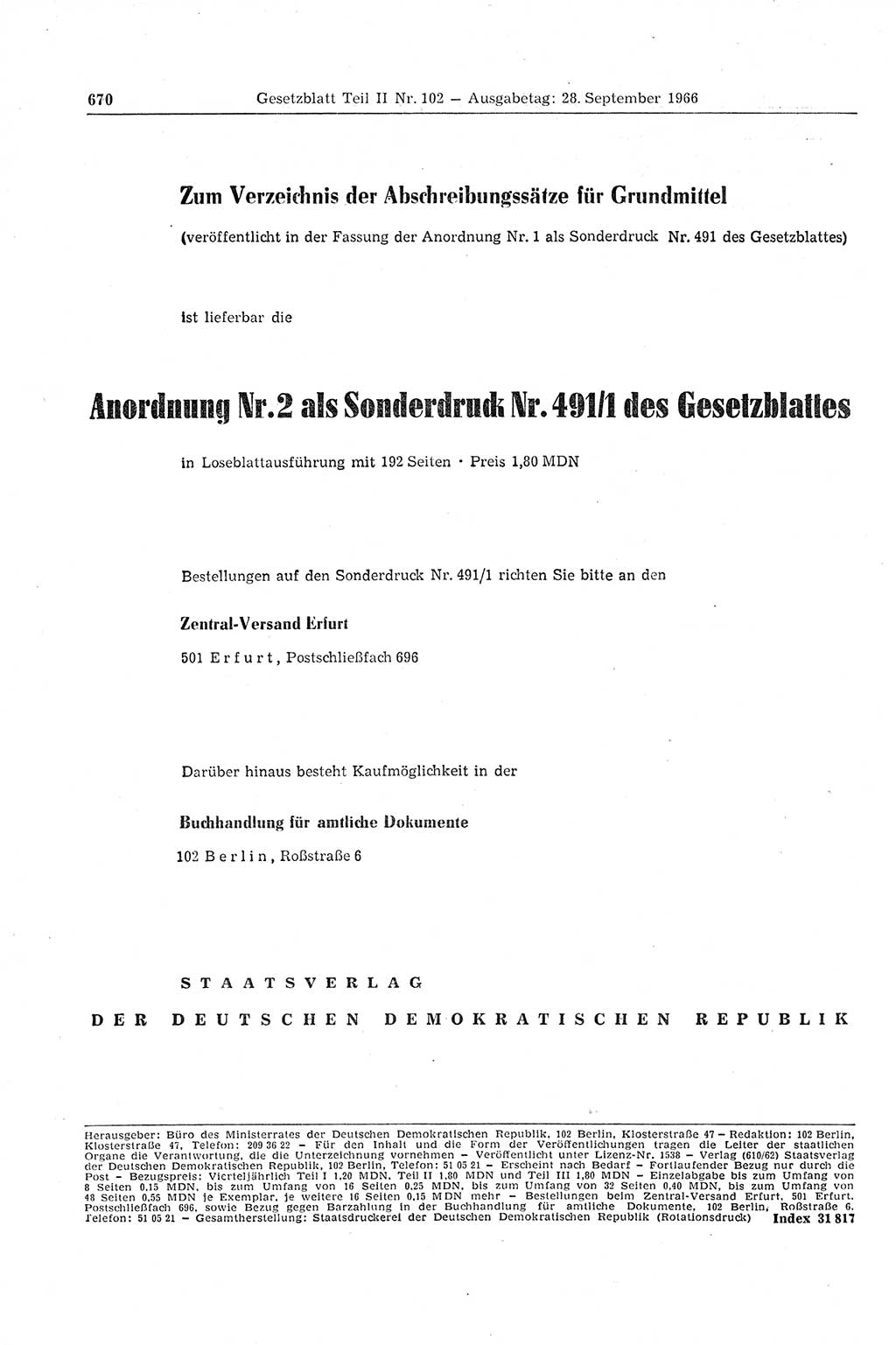 Gesetzblatt (GBl.) der Deutschen Demokratischen Republik (DDR) Teil ⅠⅠ 1966, Seite 670 (GBl. DDR ⅠⅠ 1966, S. 670)