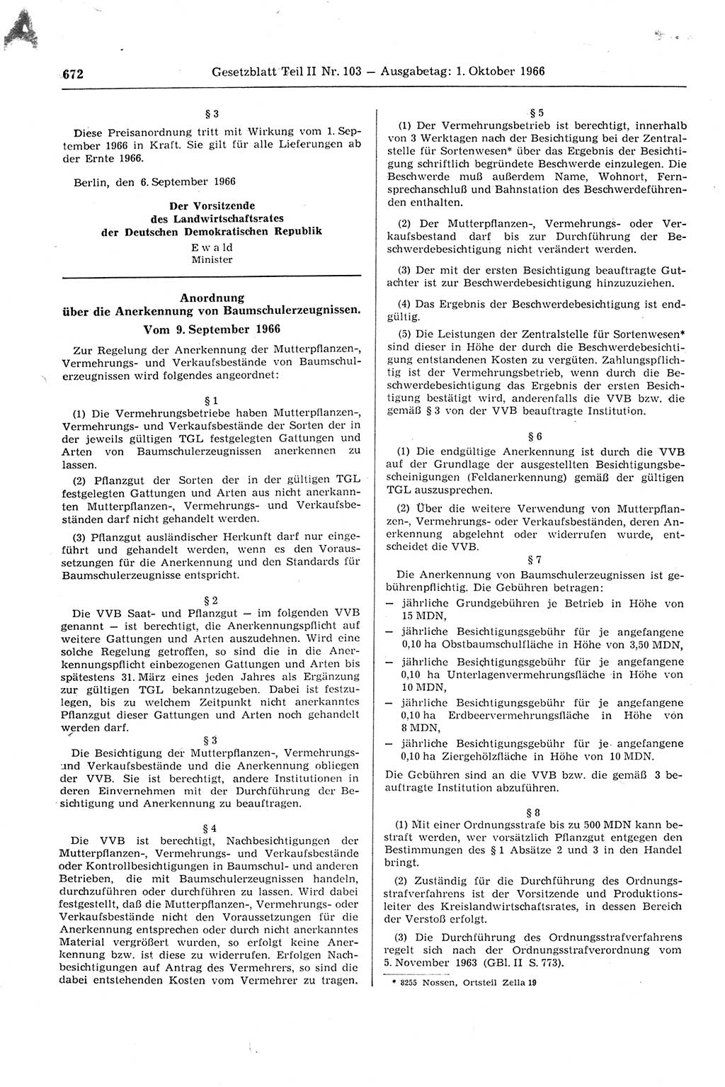 Gesetzblatt (GBl.) der Deutschen Demokratischen Republik (DDR) Teil ⅠⅠ 1966, Seite 672 (GBl. DDR ⅠⅠ 1966, S. 672)