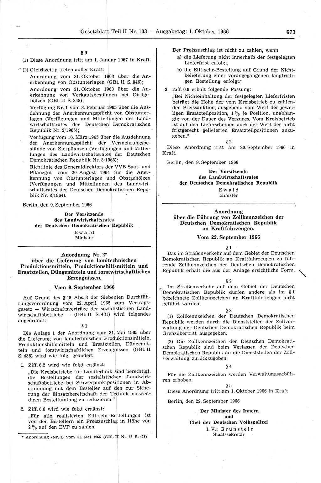 Gesetzblatt (GBl.) der Deutschen Demokratischen Republik (DDR) Teil ⅠⅠ 1966, Seite 673 (GBl. DDR ⅠⅠ 1966, S. 673)
