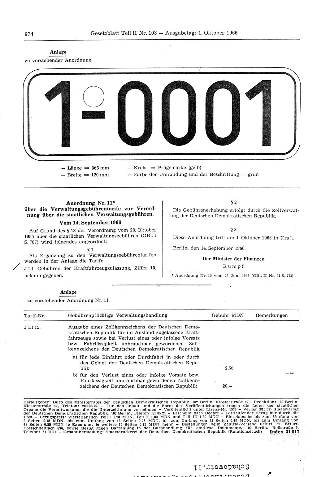 Gesetzblatt (GBl.) der Deutschen Demokratischen Republik (DDR) Teil ⅠⅠ 1966, Seite 674 (GBl. DDR ⅠⅠ 1966, S. 674)