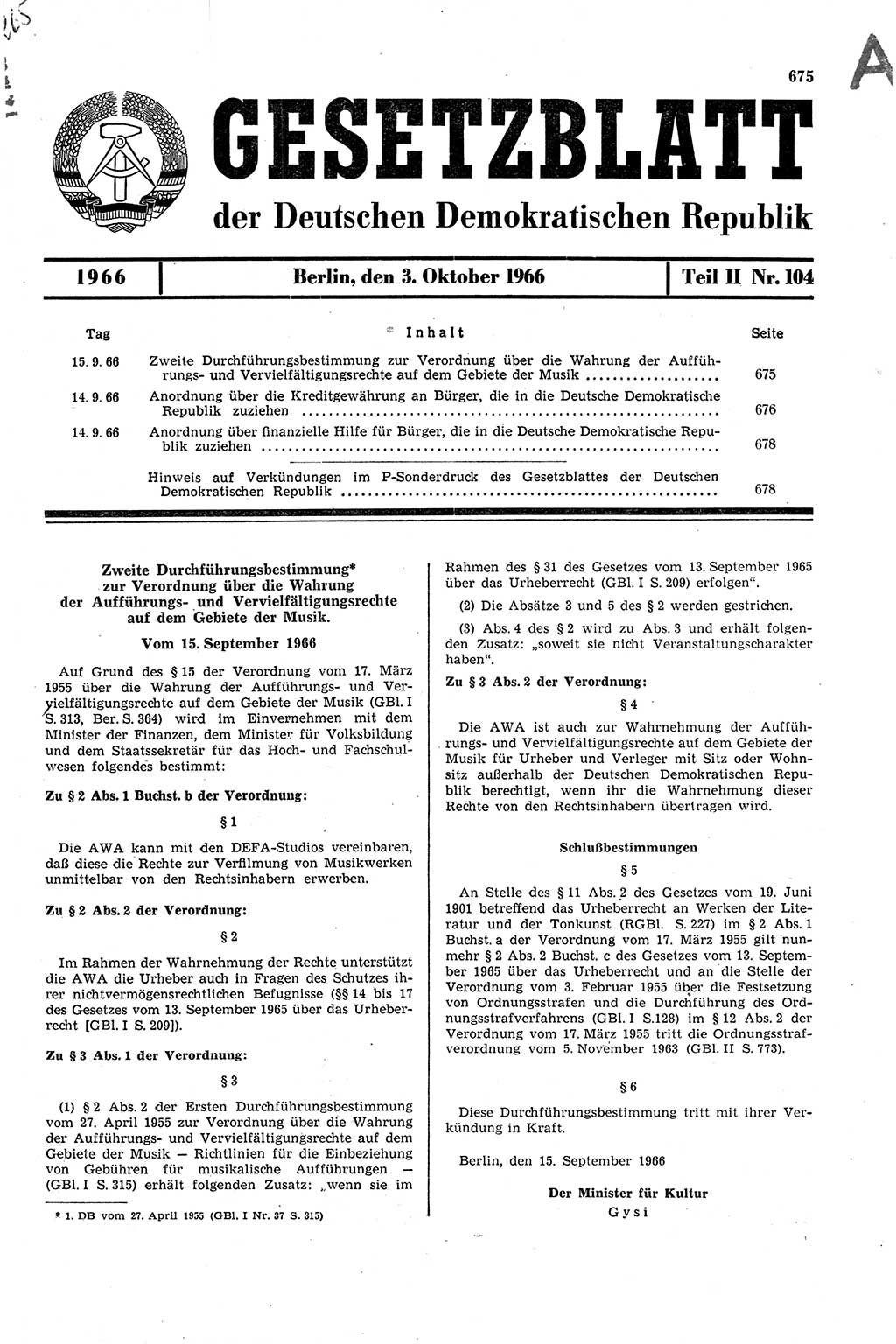 Gesetzblatt (GBl.) der Deutschen Demokratischen Republik (DDR) Teil ⅠⅠ 1966, Seite 675 (GBl. DDR ⅠⅠ 1966, S. 675)