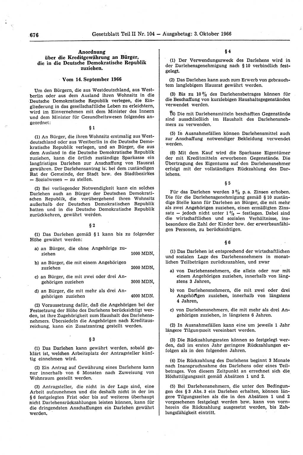 Gesetzblatt (GBl.) der Deutschen Demokratischen Republik (DDR) Teil ⅠⅠ 1966, Seite 676 (GBl. DDR ⅠⅠ 1966, S. 676)