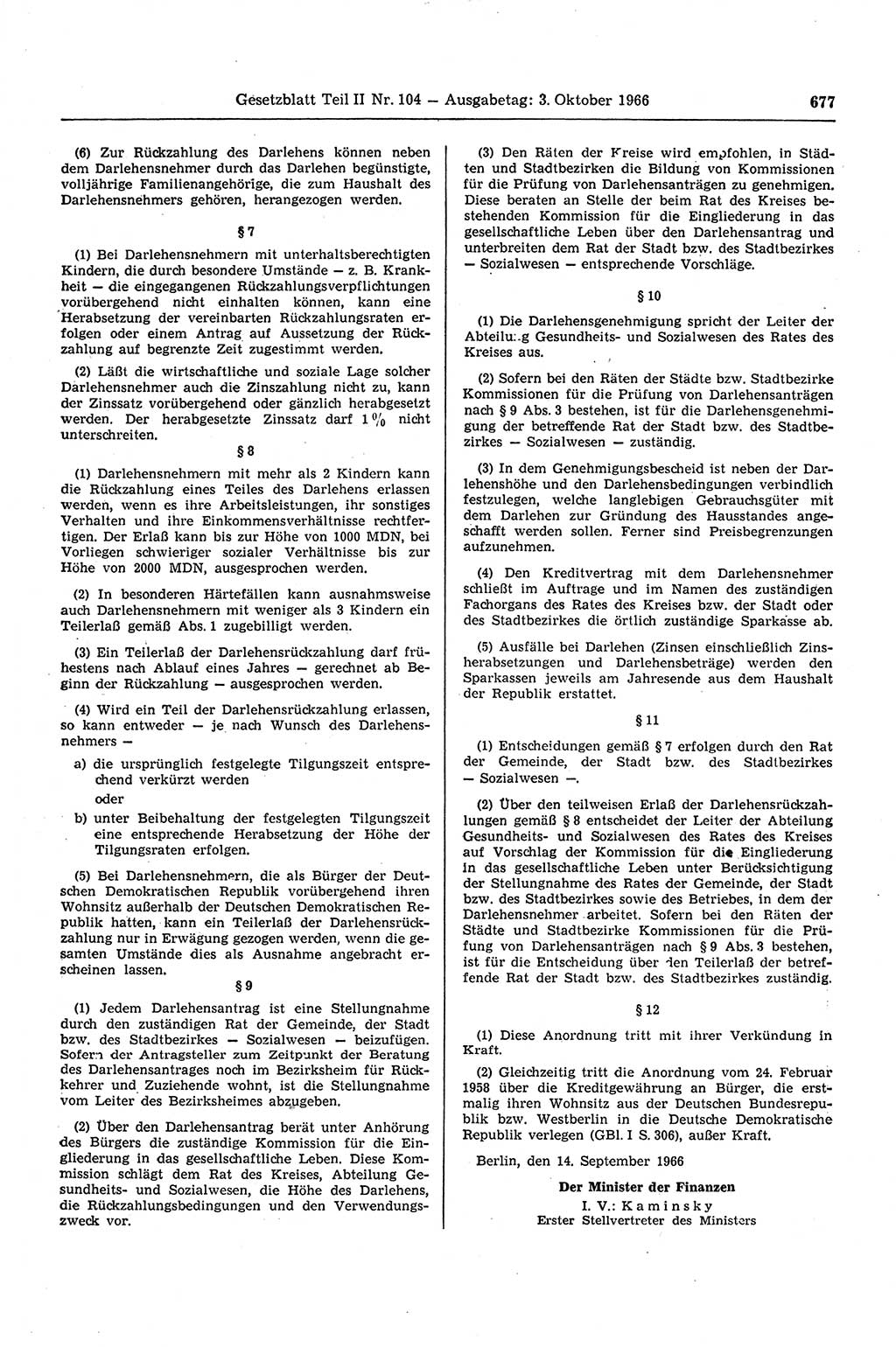 Gesetzblatt (GBl.) der Deutschen Demokratischen Republik (DDR) Teil ⅠⅠ 1966, Seite 677 (GBl. DDR ⅠⅠ 1966, S. 677)