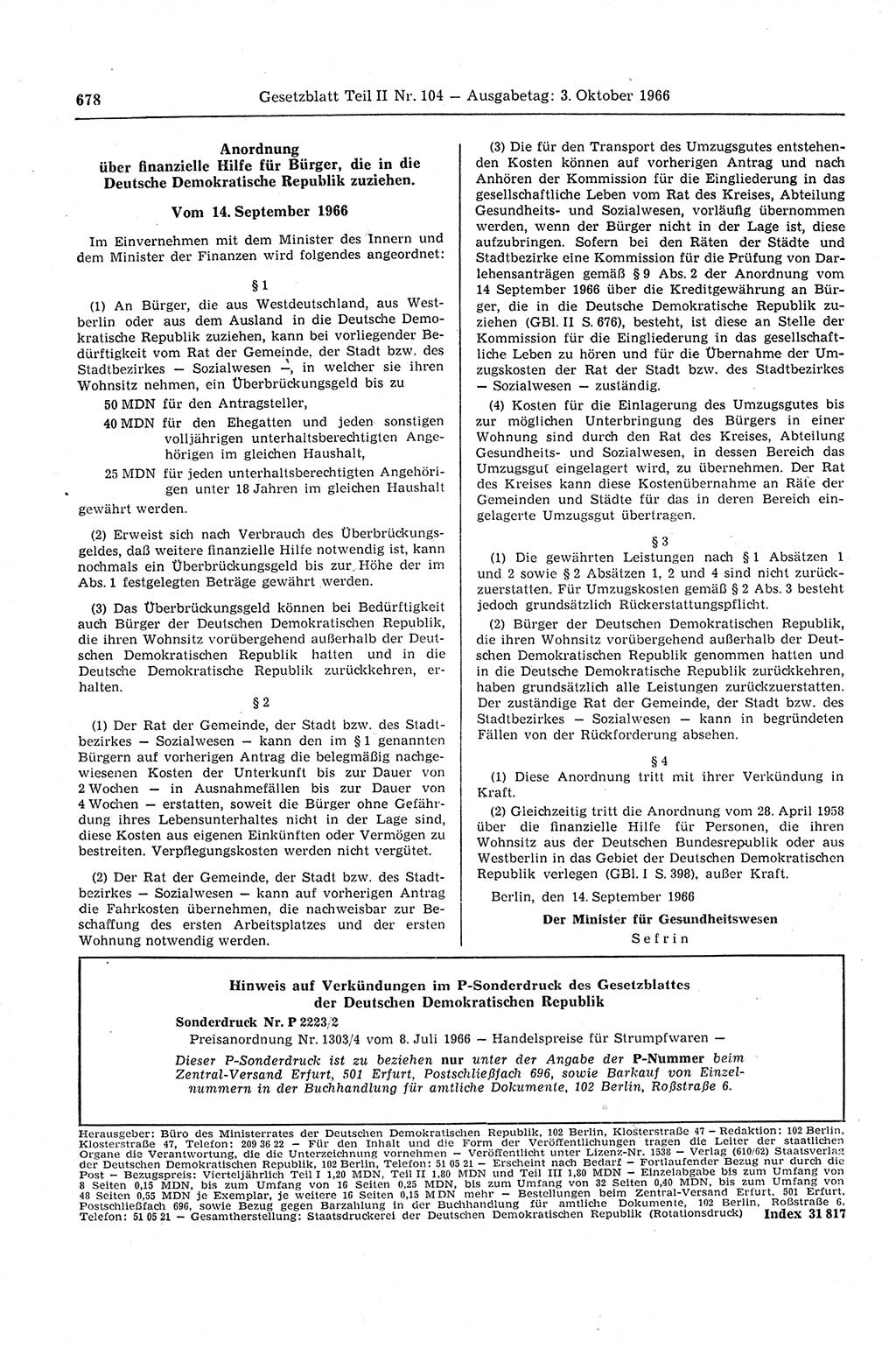 Gesetzblatt (GBl.) der Deutschen Demokratischen Republik (DDR) Teil ⅠⅠ 1966, Seite 678 (GBl. DDR ⅠⅠ 1966, S. 678)