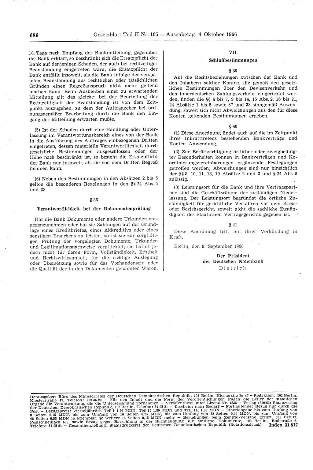 Gesetzblatt (GBl.) der Deutschen Demokratischen Republik (DDR) Teil ⅠⅠ 1966, Seite 686 (GBl. DDR ⅠⅠ 1966, S. 686)