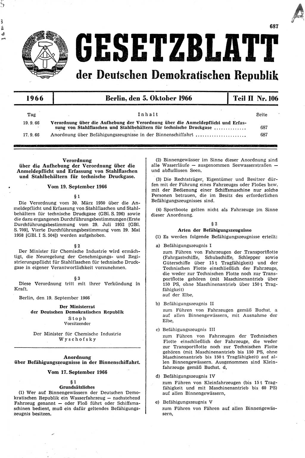 Gesetzblatt (GBl.) der Deutschen Demokratischen Republik (DDR) Teil ⅠⅠ 1966, Seite 687 (GBl. DDR ⅠⅠ 1966, S. 687)