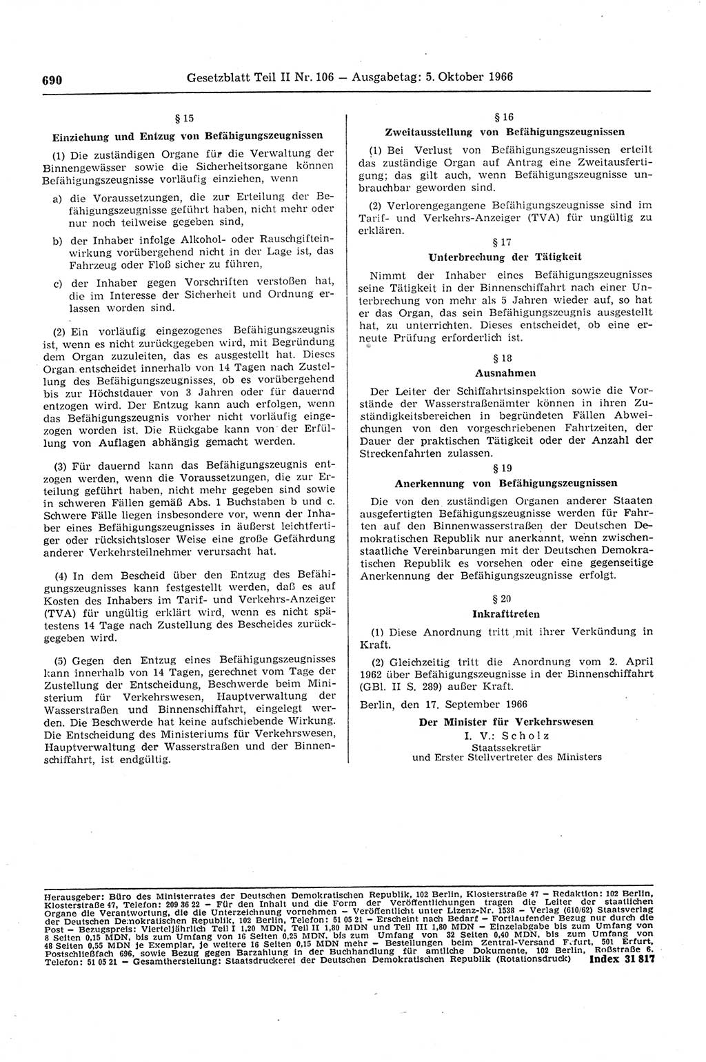 Gesetzblatt (GBl.) der Deutschen Demokratischen Republik (DDR) Teil ⅠⅠ 1966, Seite 690 (GBl. DDR ⅠⅠ 1966, S. 690)
