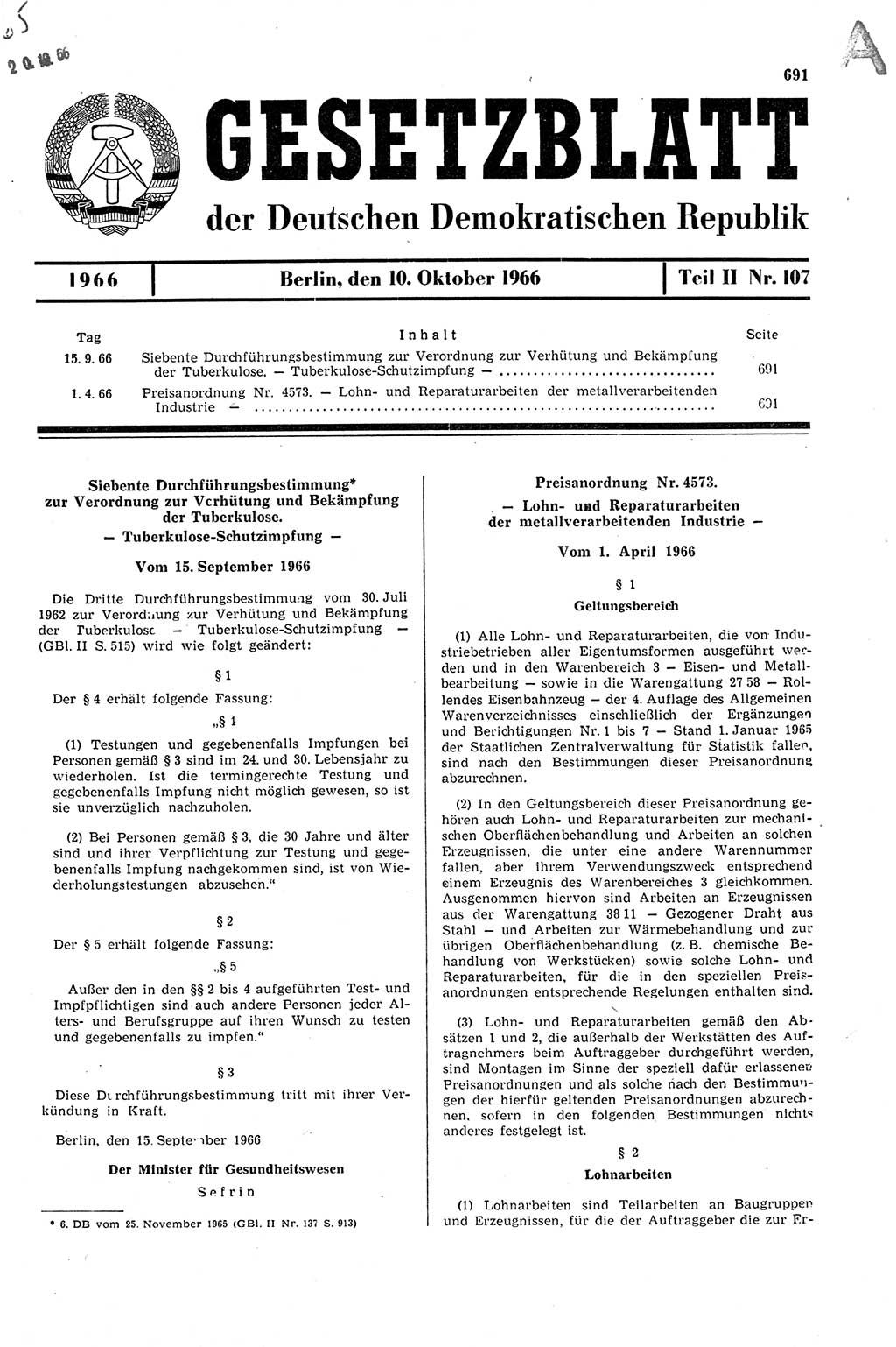 Gesetzblatt (GBl.) der Deutschen Demokratischen Republik (DDR) Teil ⅠⅠ 1966, Seite 691 (GBl. DDR ⅠⅠ 1966, S. 691)