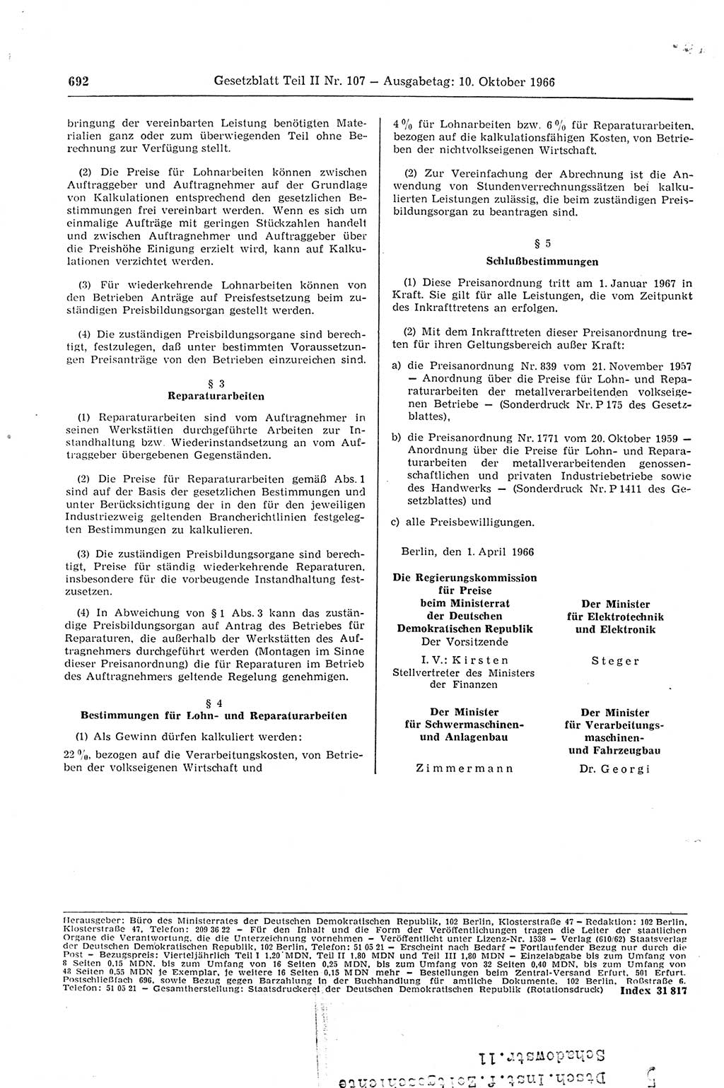 Gesetzblatt (GBl.) der Deutschen Demokratischen Republik (DDR) Teil ⅠⅠ 1966, Seite 692 (GBl. DDR ⅠⅠ 1966, S. 692)