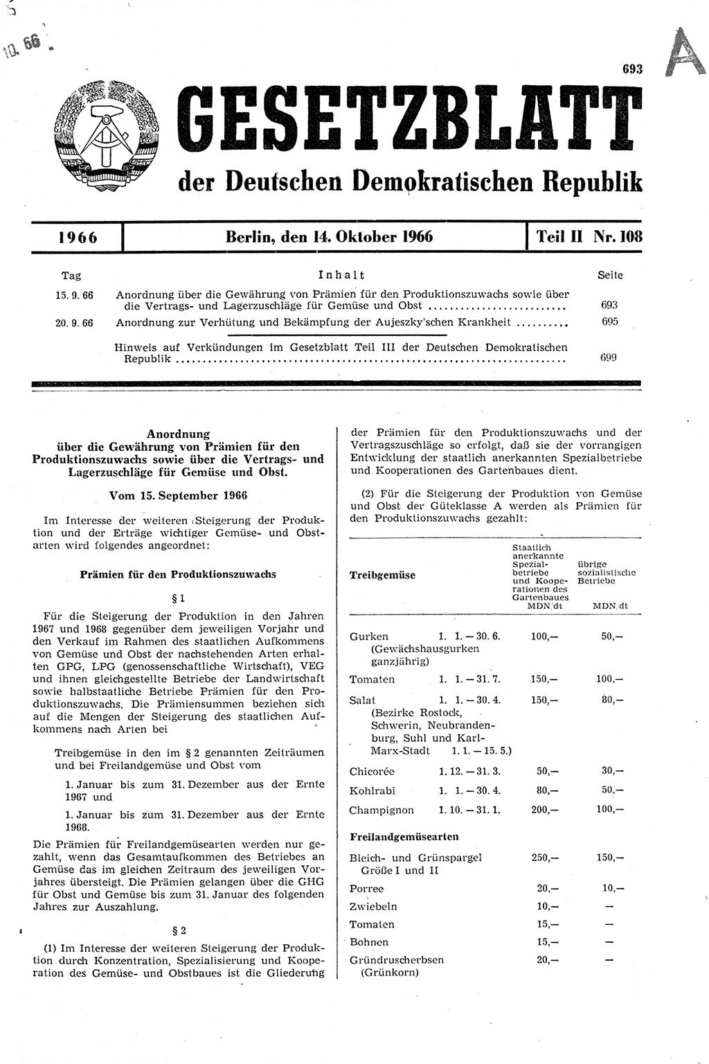 Gesetzblatt (GBl.) der Deutschen Demokratischen Republik (DDR) Teil ⅠⅠ 1966, Seite 693 (GBl. DDR ⅠⅠ 1966, S. 693)