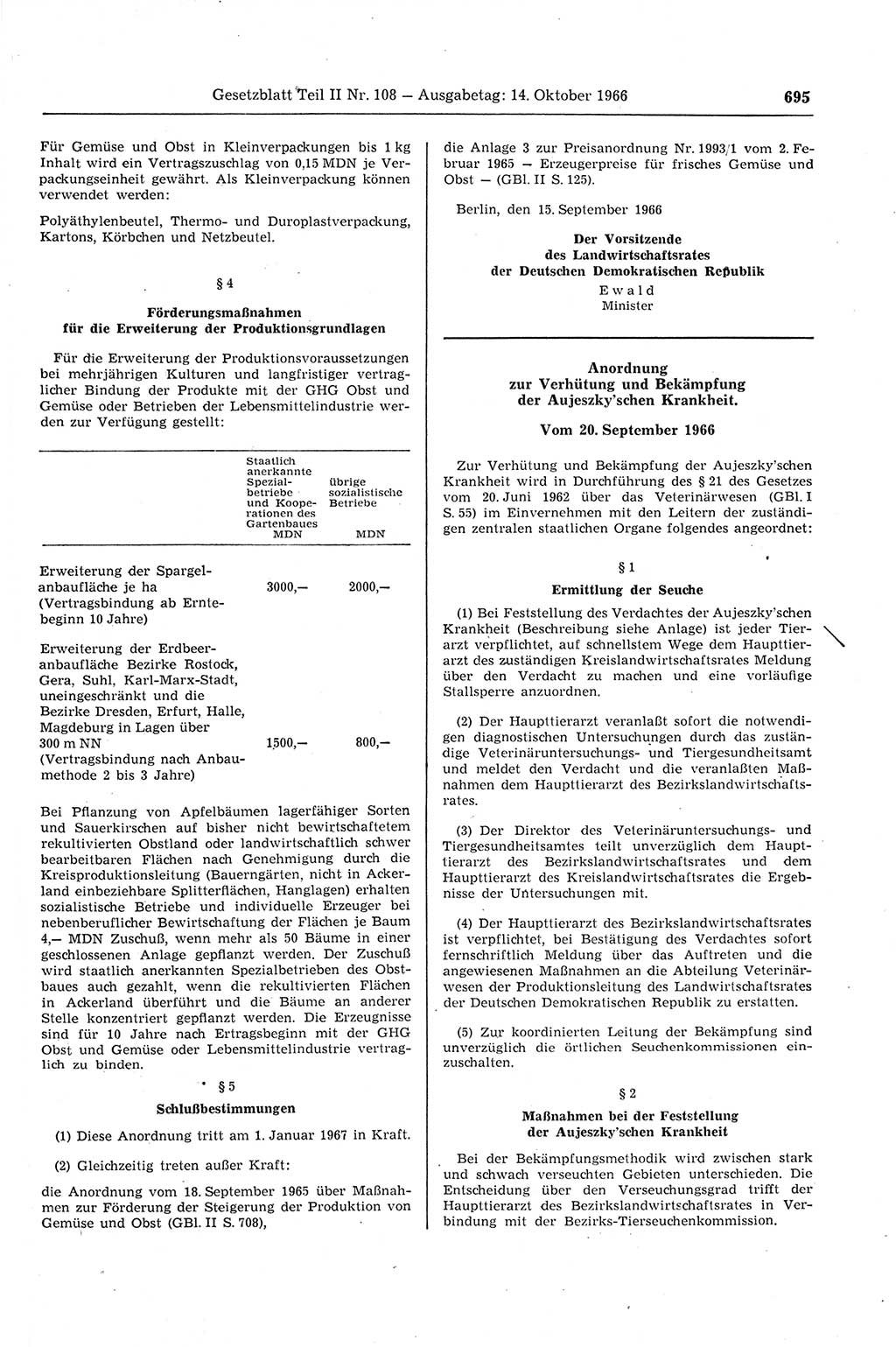 Gesetzblatt (GBl.) der Deutschen Demokratischen Republik (DDR) Teil ⅠⅠ 1966, Seite 695 (GBl. DDR ⅠⅠ 1966, S. 695)