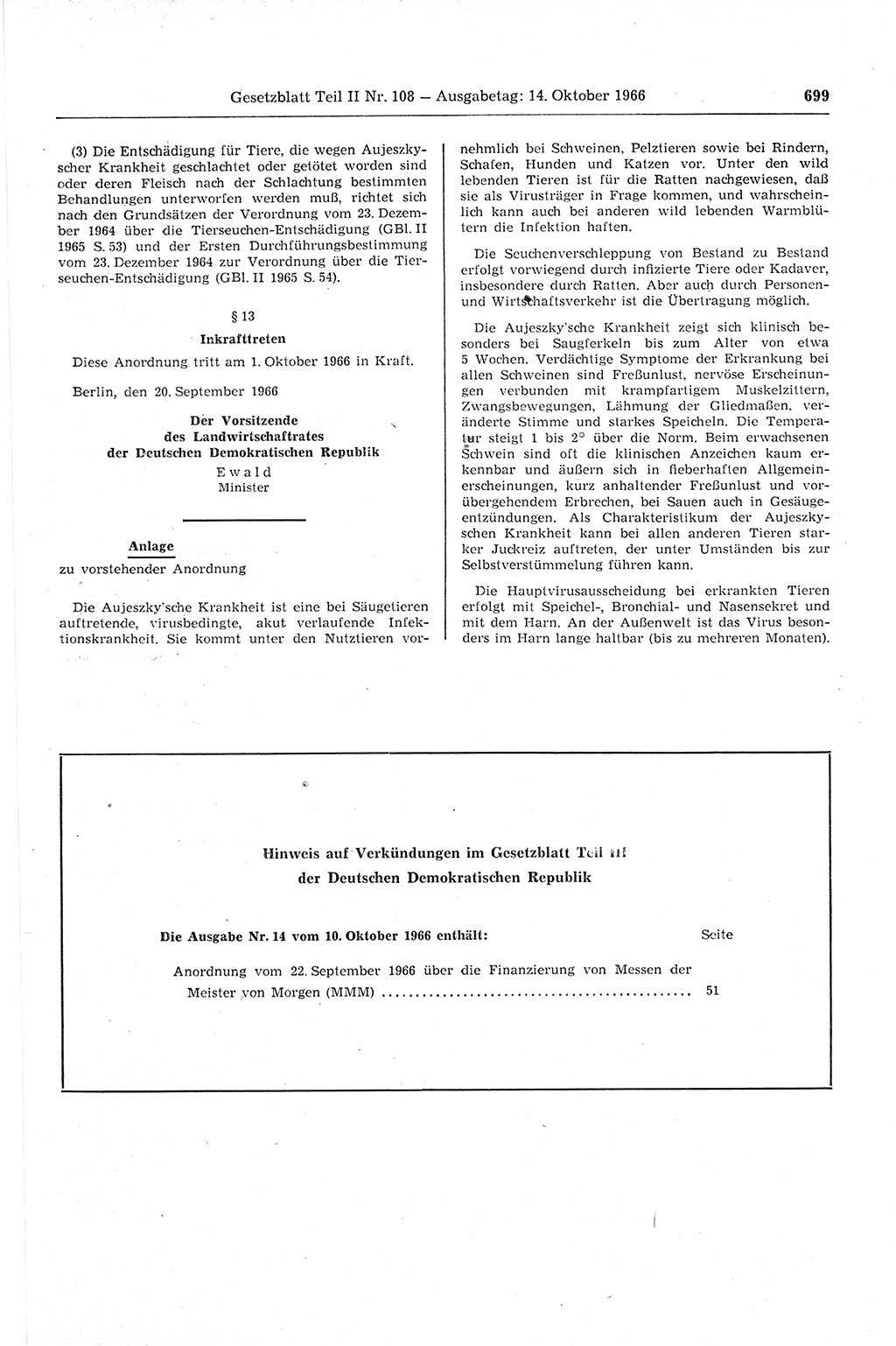 Gesetzblatt (GBl.) der Deutschen Demokratischen Republik (DDR) Teil ⅠⅠ 1966, Seite 699 (GBl. DDR ⅠⅠ 1966, S. 699)