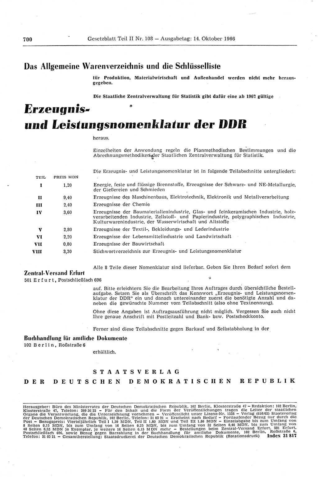 Gesetzblatt (GBl.) der Deutschen Demokratischen Republik (DDR) Teil ⅠⅠ 1966, Seite 700 (GBl. DDR ⅠⅠ 1966, S. 700)