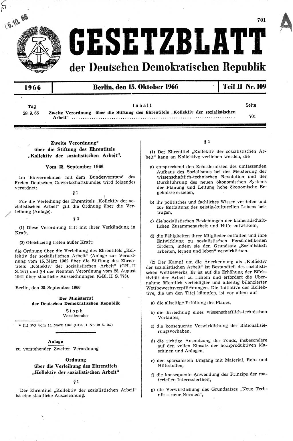 Gesetzblatt (GBl.) der Deutschen Demokratischen Republik (DDR) Teil ⅠⅠ 1966, Seite 701 (GBl. DDR ⅠⅠ 1966, S. 701)