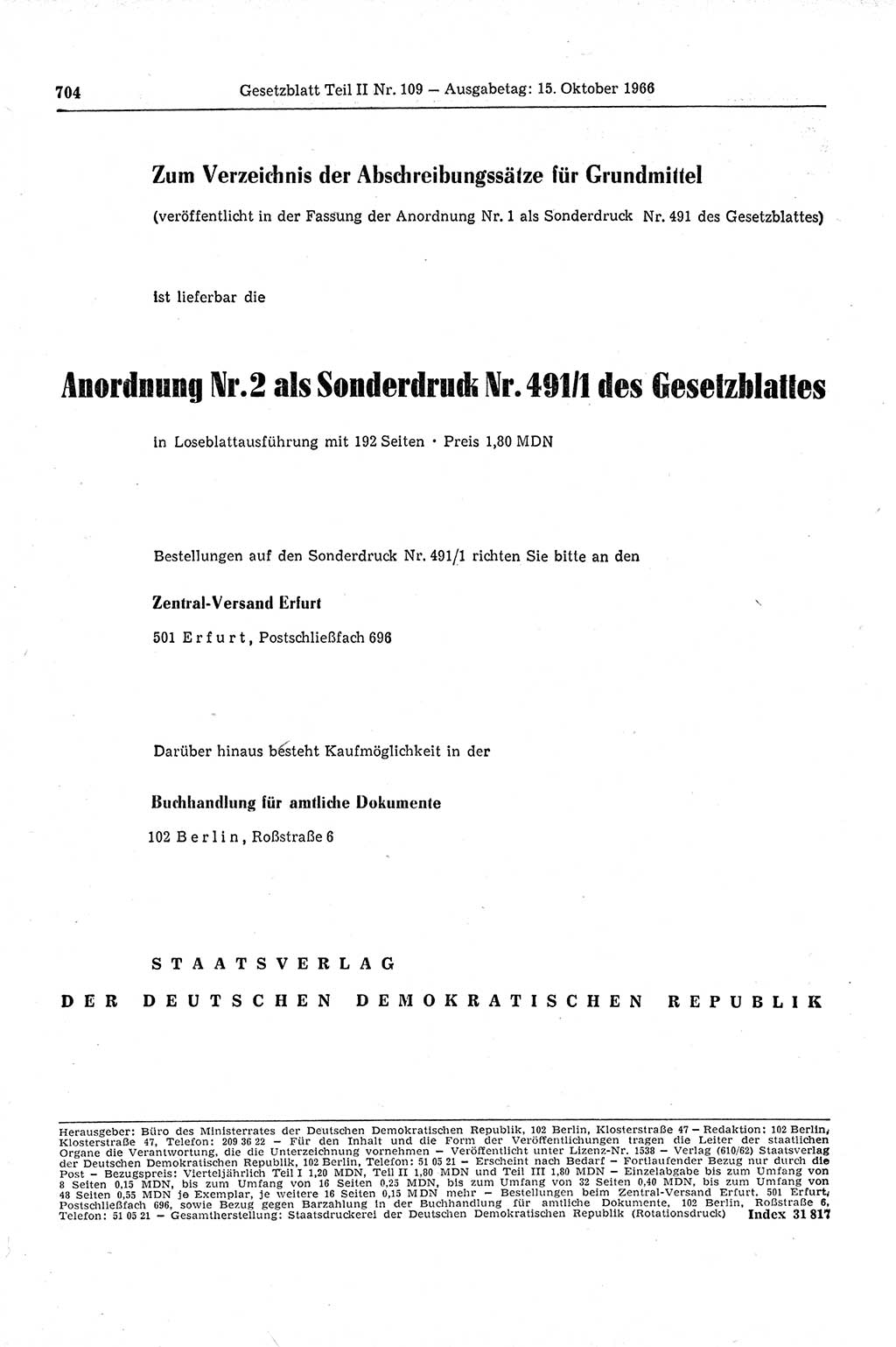 Gesetzblatt (GBl.) der Deutschen Demokratischen Republik (DDR) Teil ⅠⅠ 1966, Seite 704 (GBl. DDR ⅠⅠ 1966, S. 704)