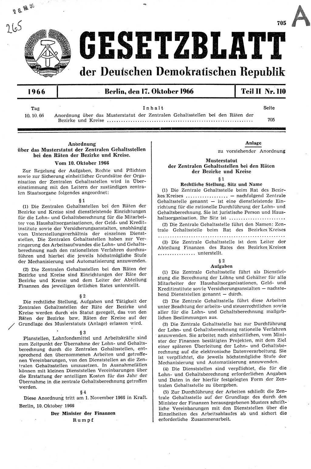Gesetzblatt (GBl.) der Deutschen Demokratischen Republik (DDR) Teil ⅠⅠ 1966, Seite 705 (GBl. DDR ⅠⅠ 1966, S. 705)