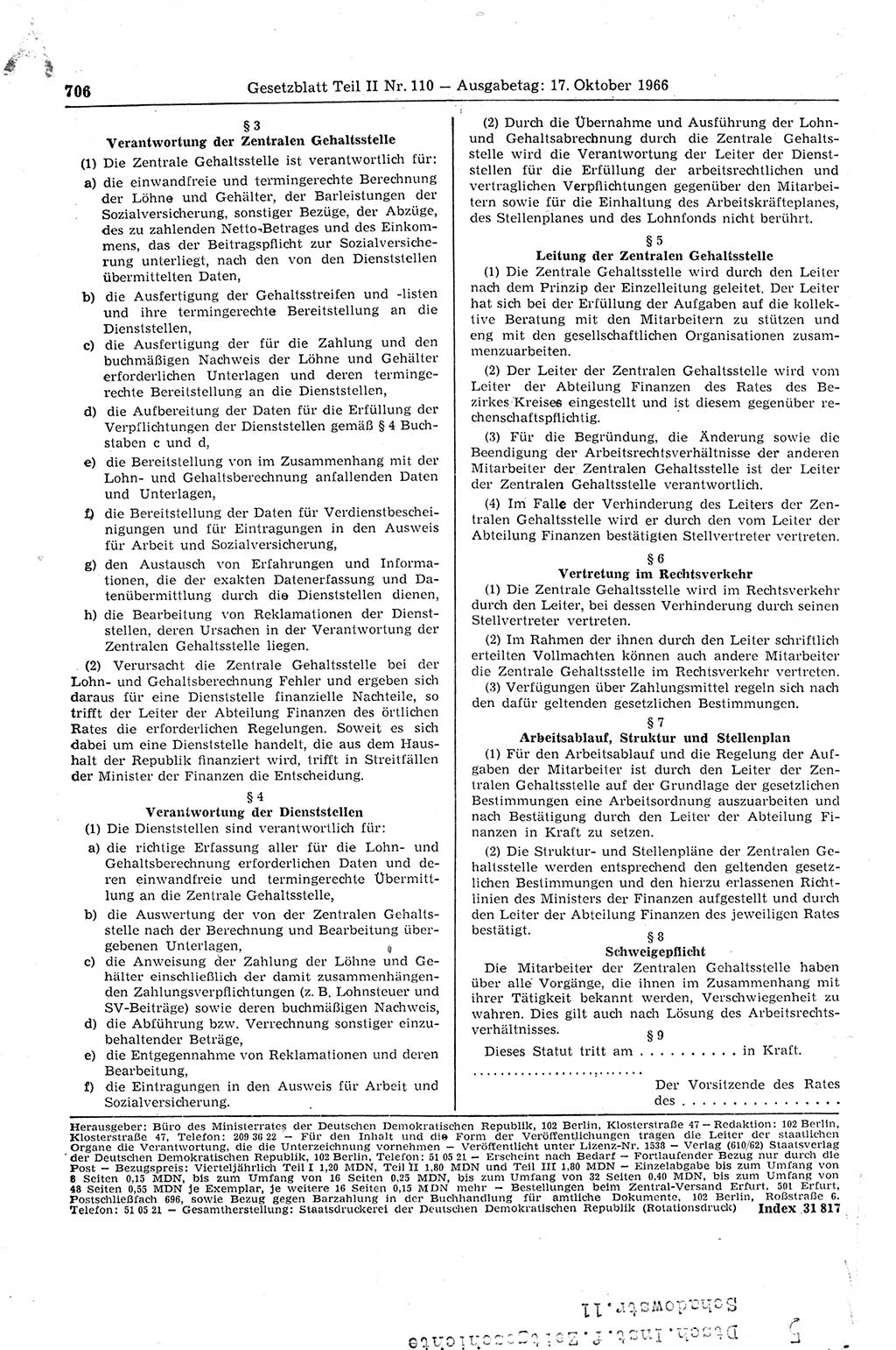 Gesetzblatt (GBl.) der Deutschen Demokratischen Republik (DDR) Teil ⅠⅠ 1966, Seite 706 (GBl. DDR ⅠⅠ 1966, S. 706)