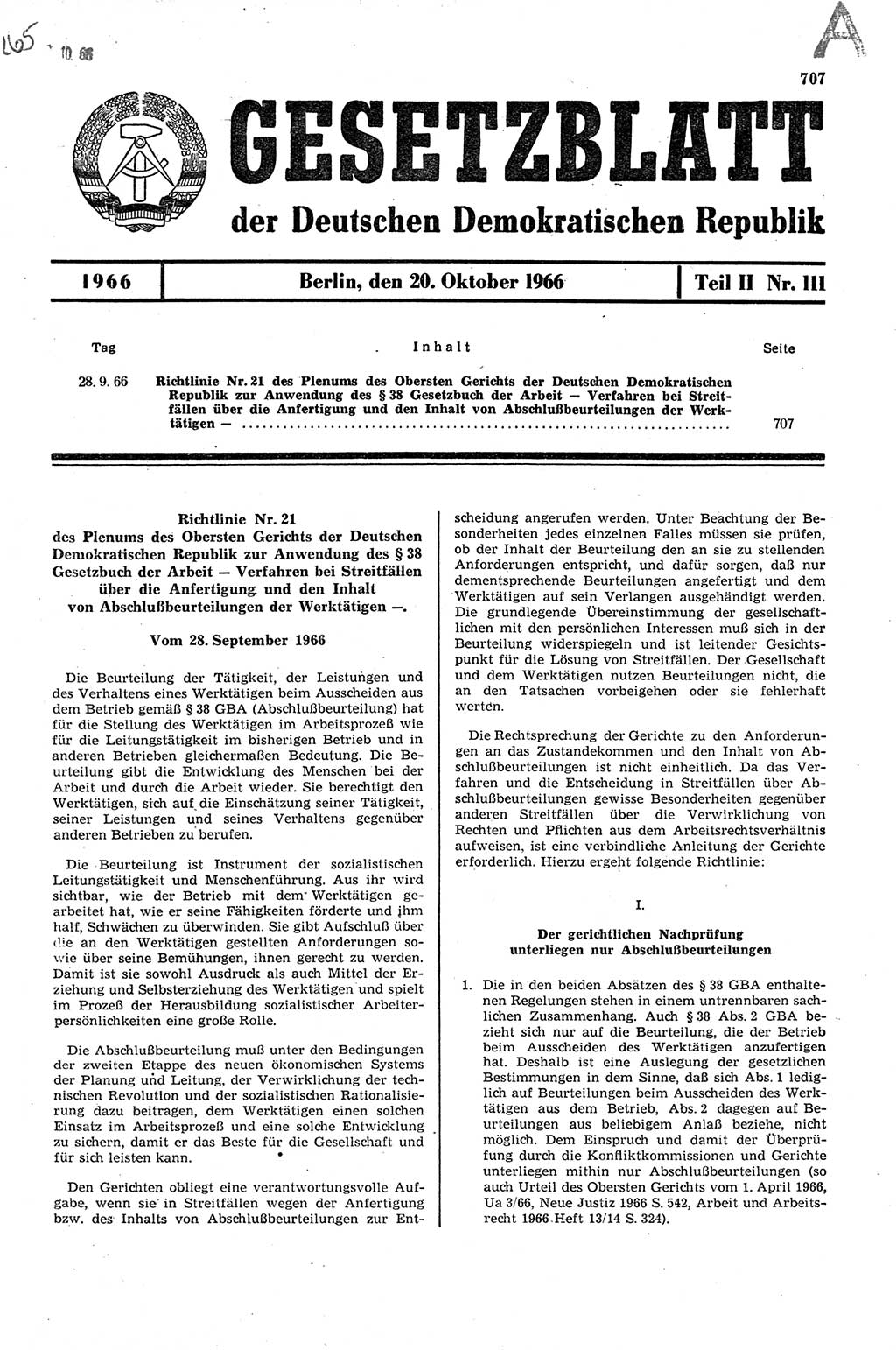 Gesetzblatt (GBl.) der Deutschen Demokratischen Republik (DDR) Teil ⅠⅠ 1966, Seite 707 (GBl. DDR ⅠⅠ 1966, S. 707)