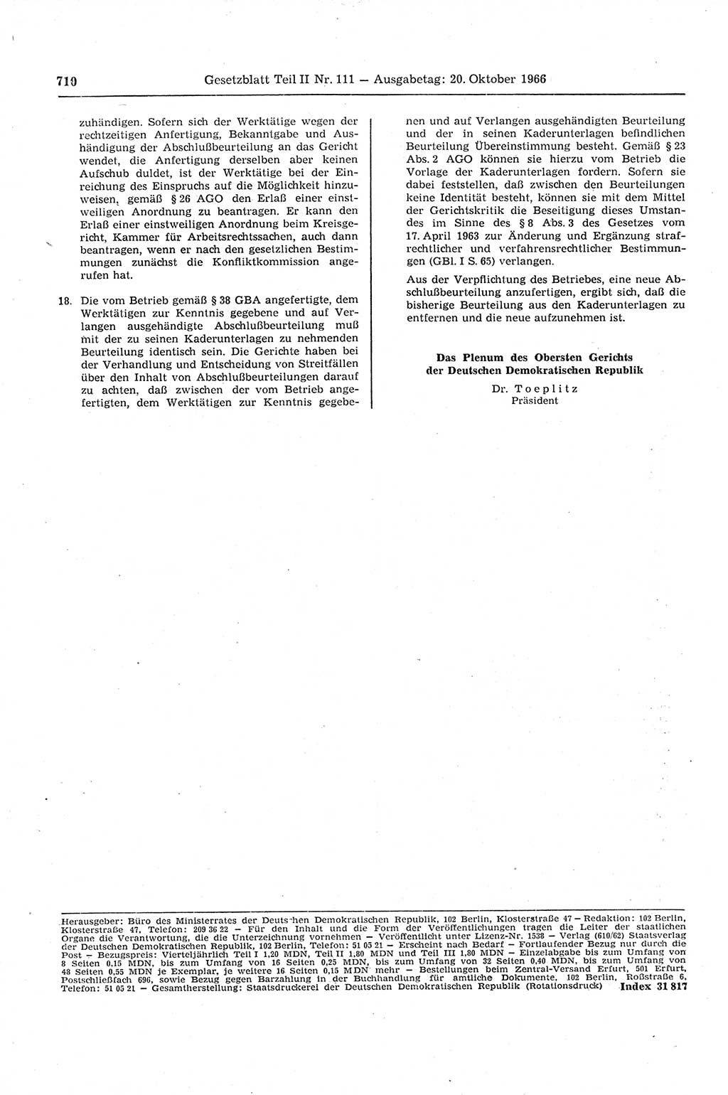 Gesetzblatt (GBl.) der Deutschen Demokratischen Republik (DDR) Teil ⅠⅠ 1966, Seite 710 (GBl. DDR ⅠⅠ 1966, S. 710)