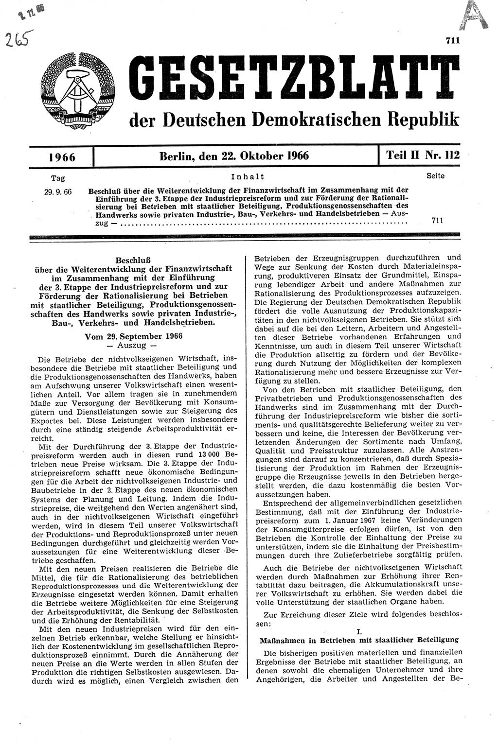 Gesetzblatt (GBl.) der Deutschen Demokratischen Republik (DDR) Teil ⅠⅠ 1966, Seite 711 (GBl. DDR ⅠⅠ 1966, S. 711)