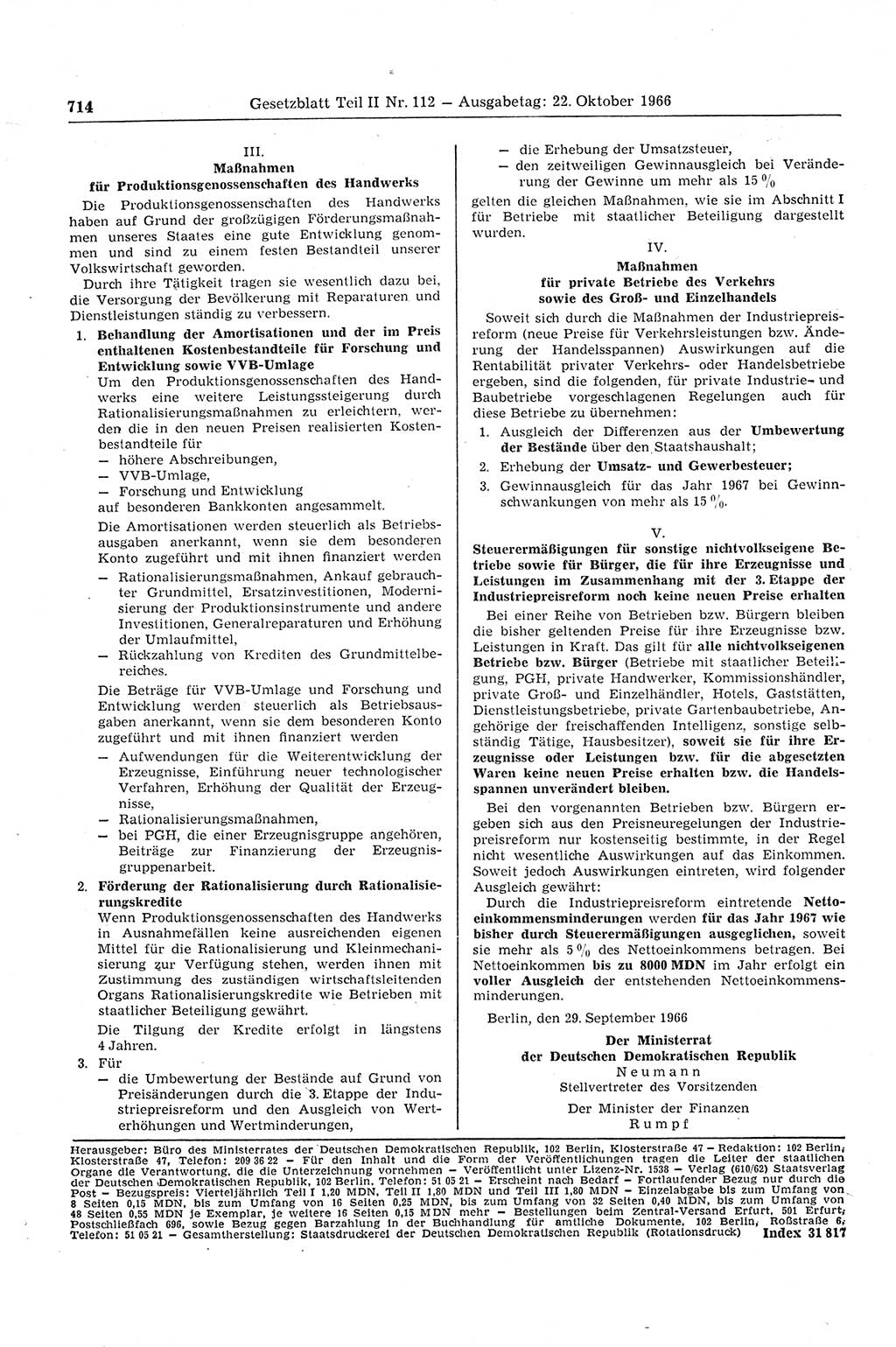 Gesetzblatt (GBl.) der Deutschen Demokratischen Republik (DDR) Teil ⅠⅠ 1966, Seite 714 (GBl. DDR ⅠⅠ 1966, S. 714)